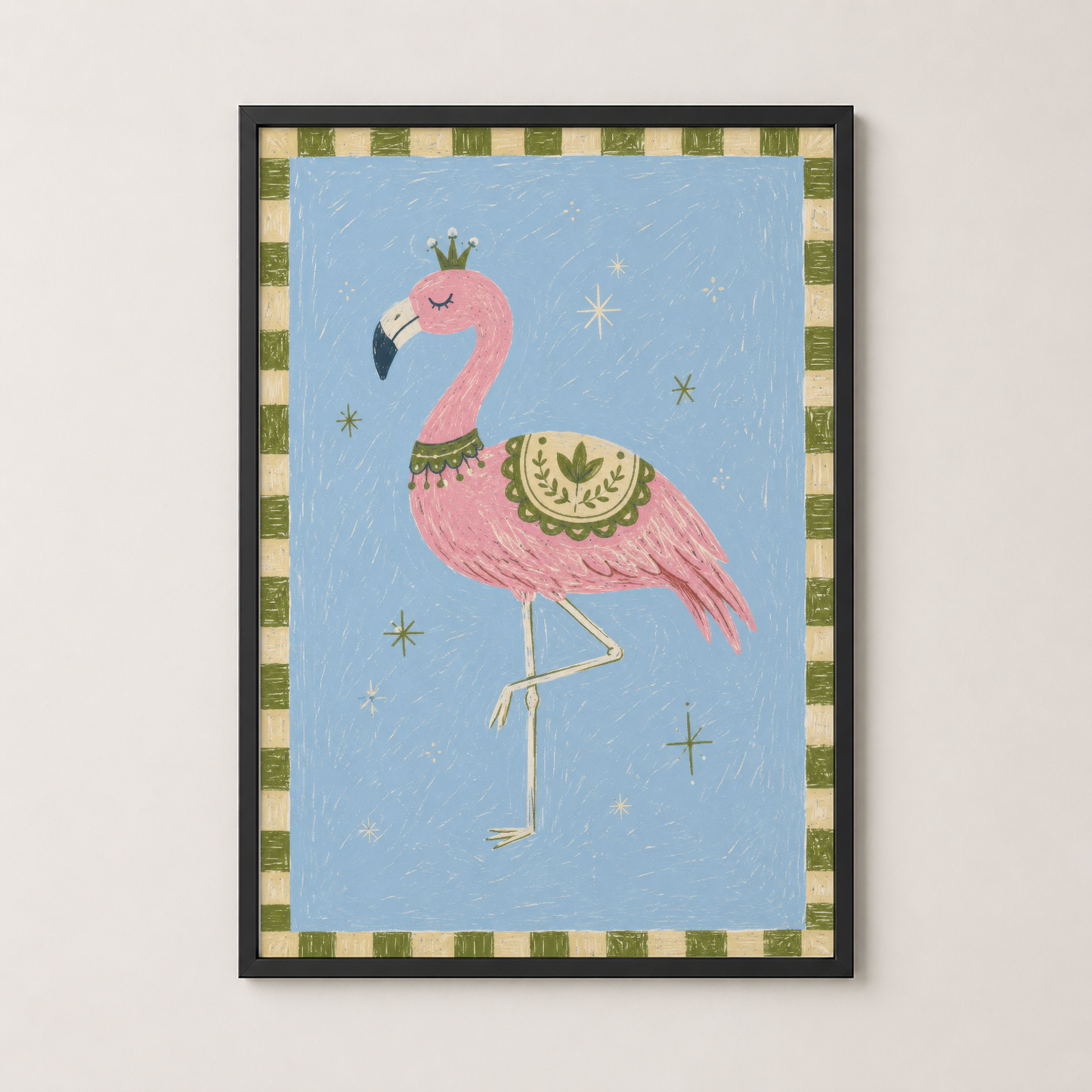 Siyah çerçevede, taçlı pembe flamingo tasarımı, yeşil ve krem şeritli bordo kenar detaylı poster.