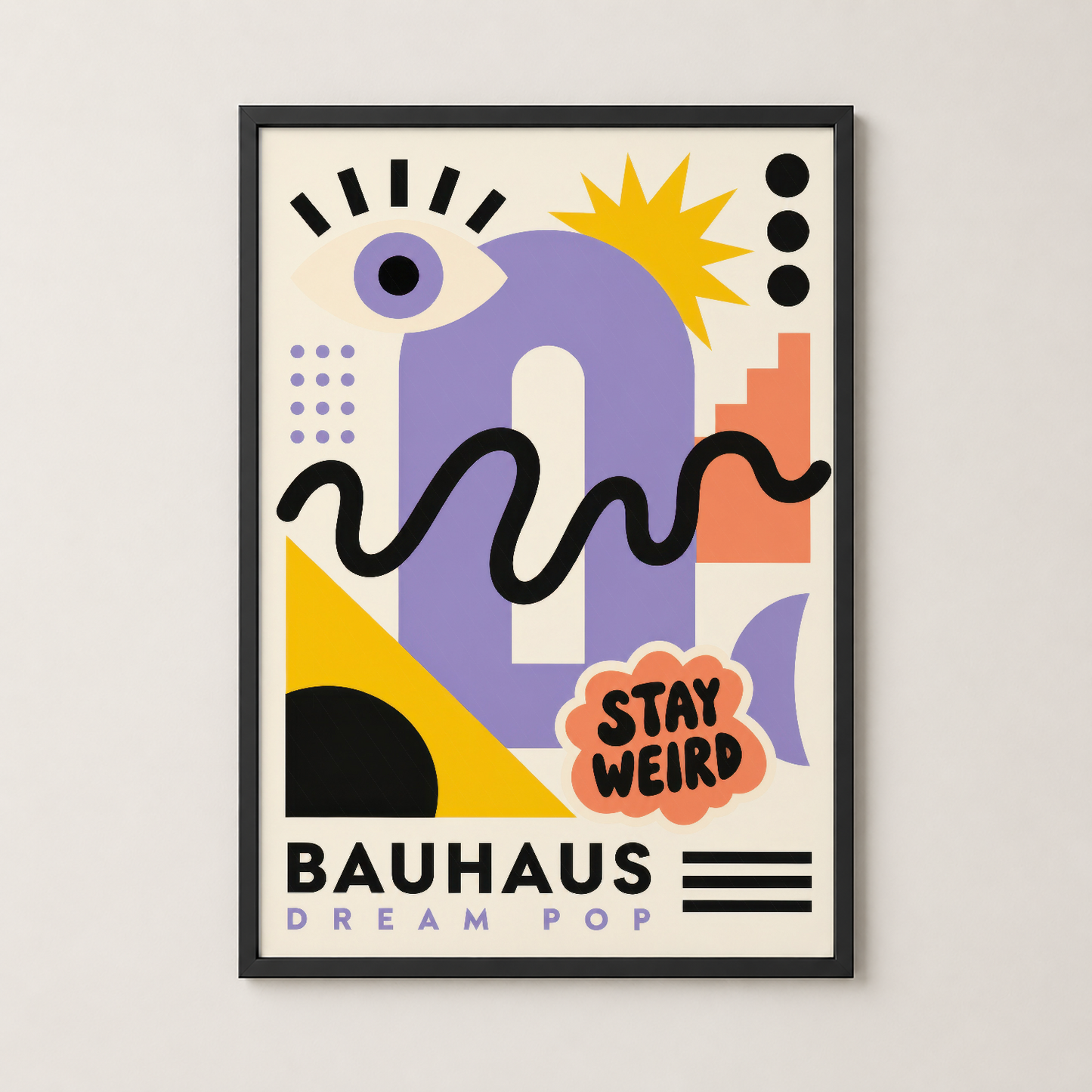 Bauhaus Dream Pop posteri siyah çerçevede, canlı geometrik formlar ve sanat dekoratif eşmece duvar tablosu