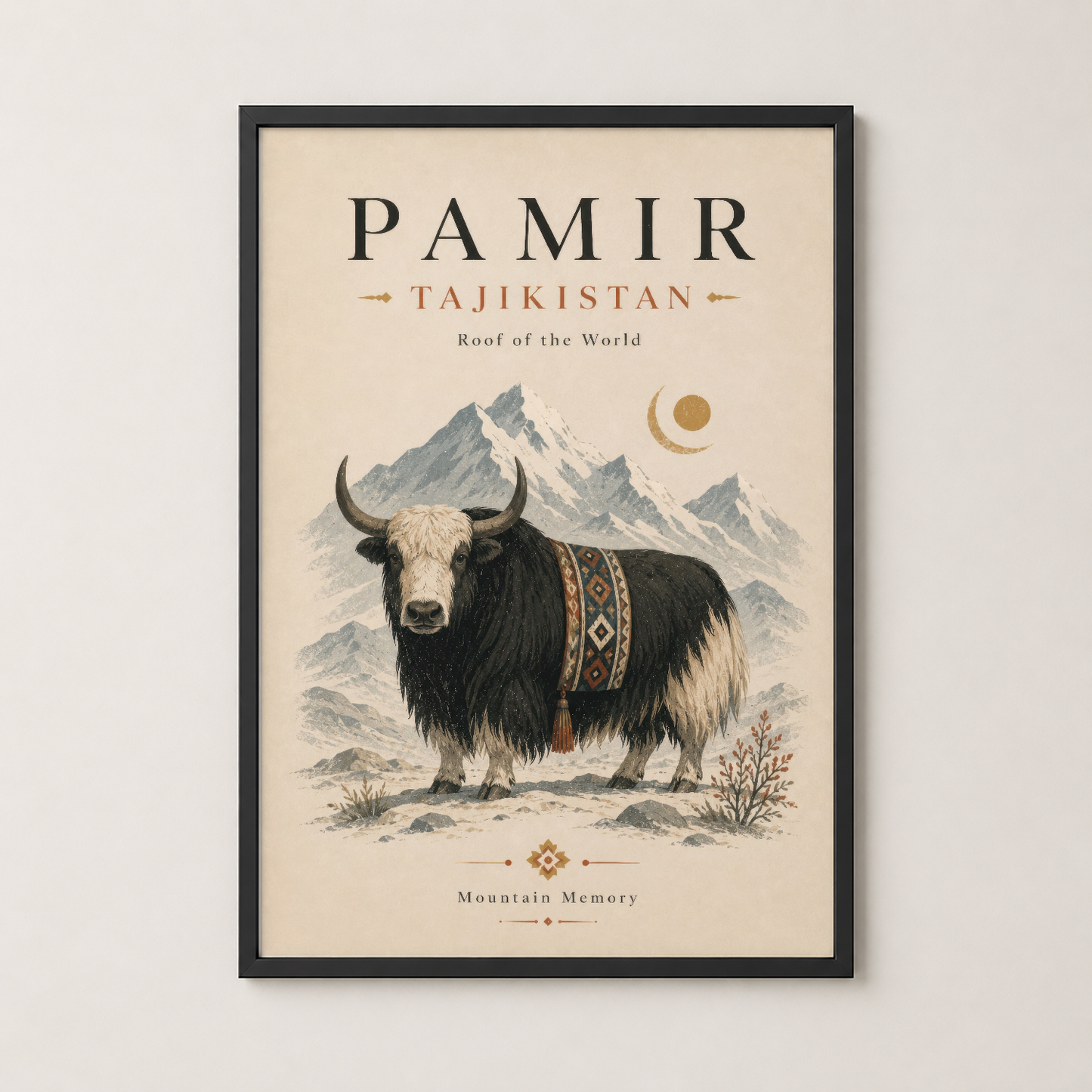 Pamir Tacikistan tablosu siyah çerçevede, dağ peyzajı ve süslü yak tasarımı ile rustic duvar dekorasyonu.