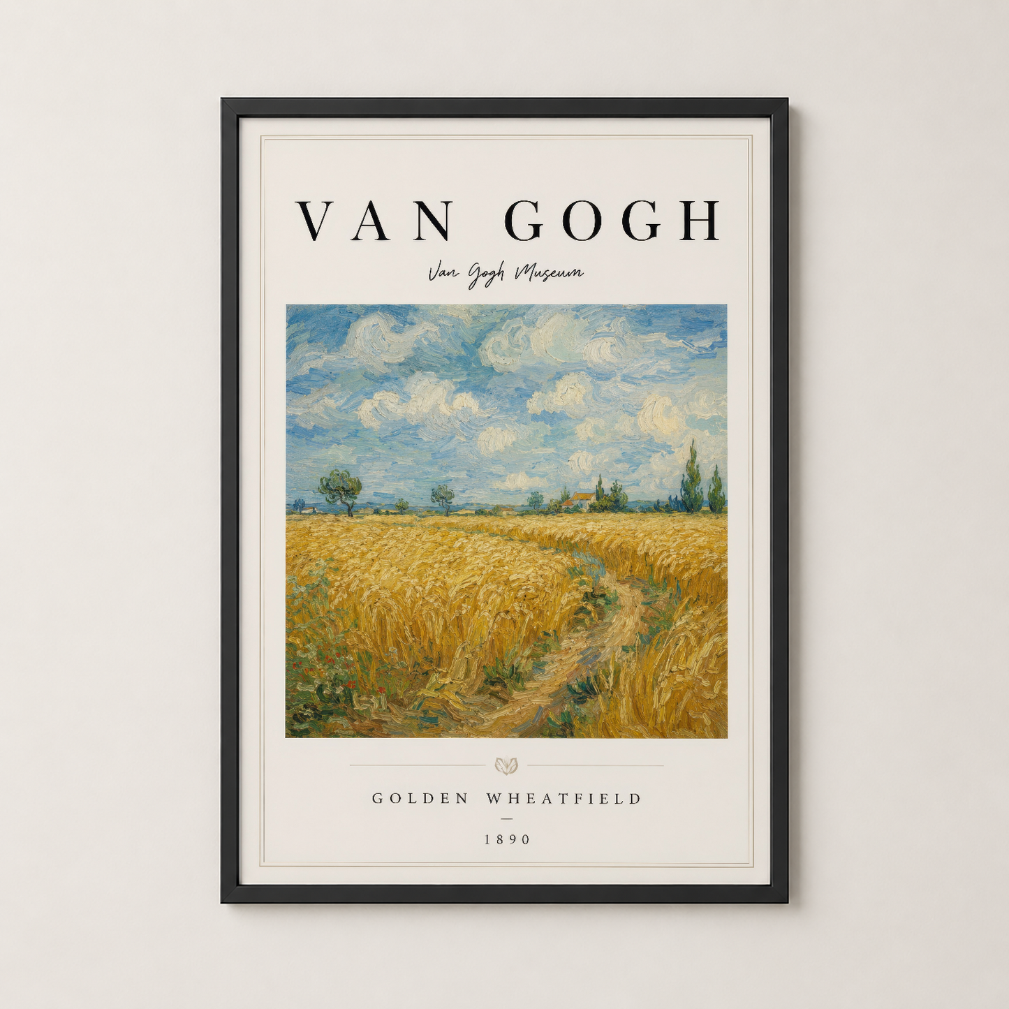 Van Gogh'un Altın Buğday Tarlası tablosu, şık siyah çerçevede duvar sanatı olarak gösterilmektedir.