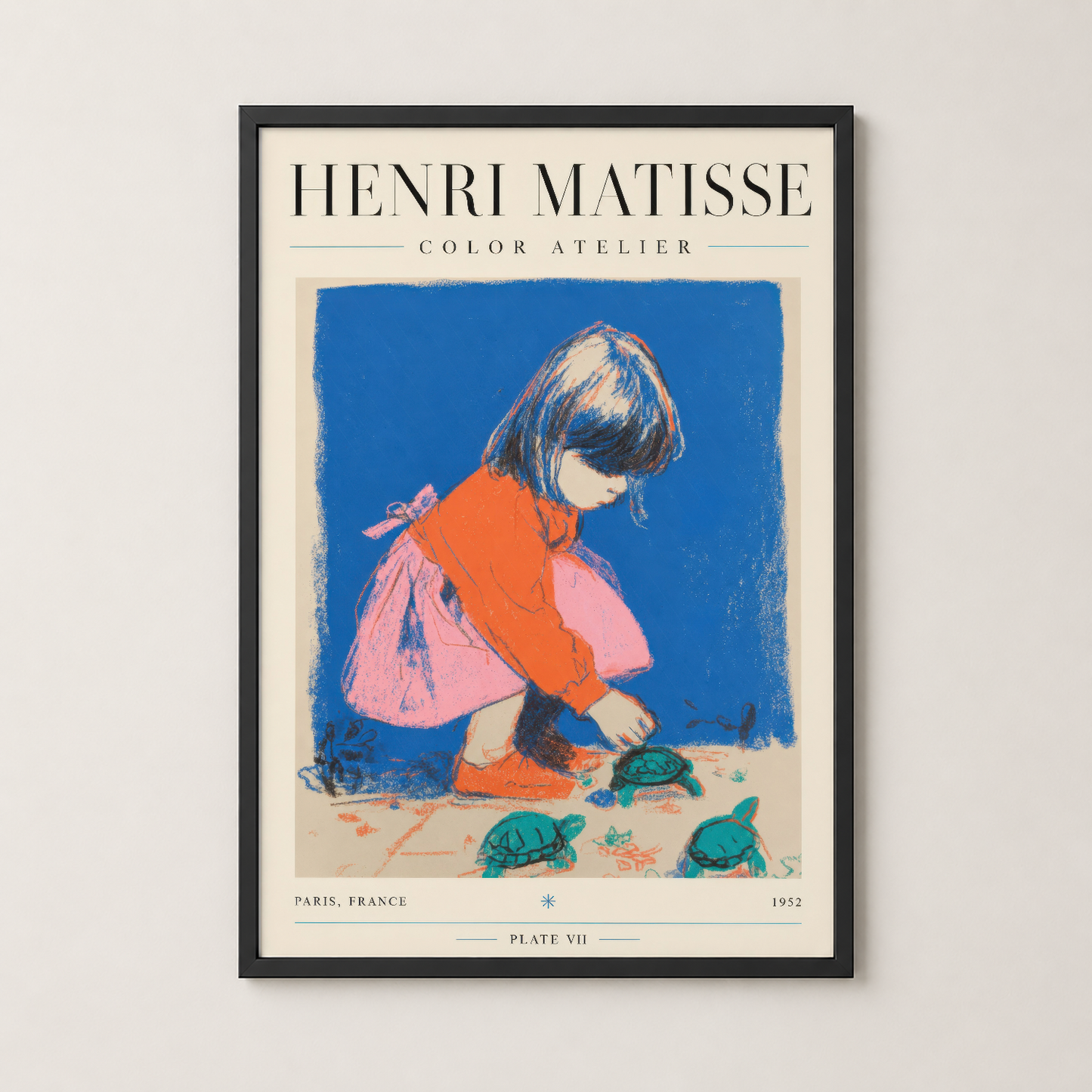 Matisse Color Atelier posteri, siyah çerçevede sergilenerek modern ve şık bir görünüm kazanıyor.