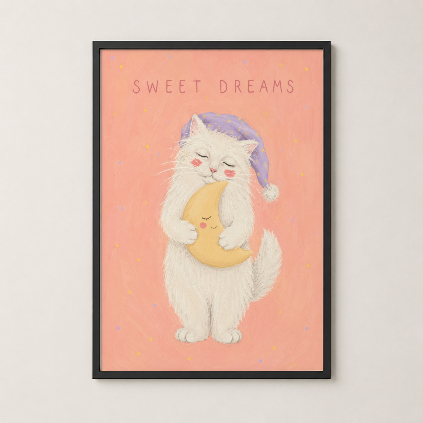 Siyah çerçeveli Sweet Dreams tablosu, çocuk odasına nostalji ve tatlılık katan sanat eseri.