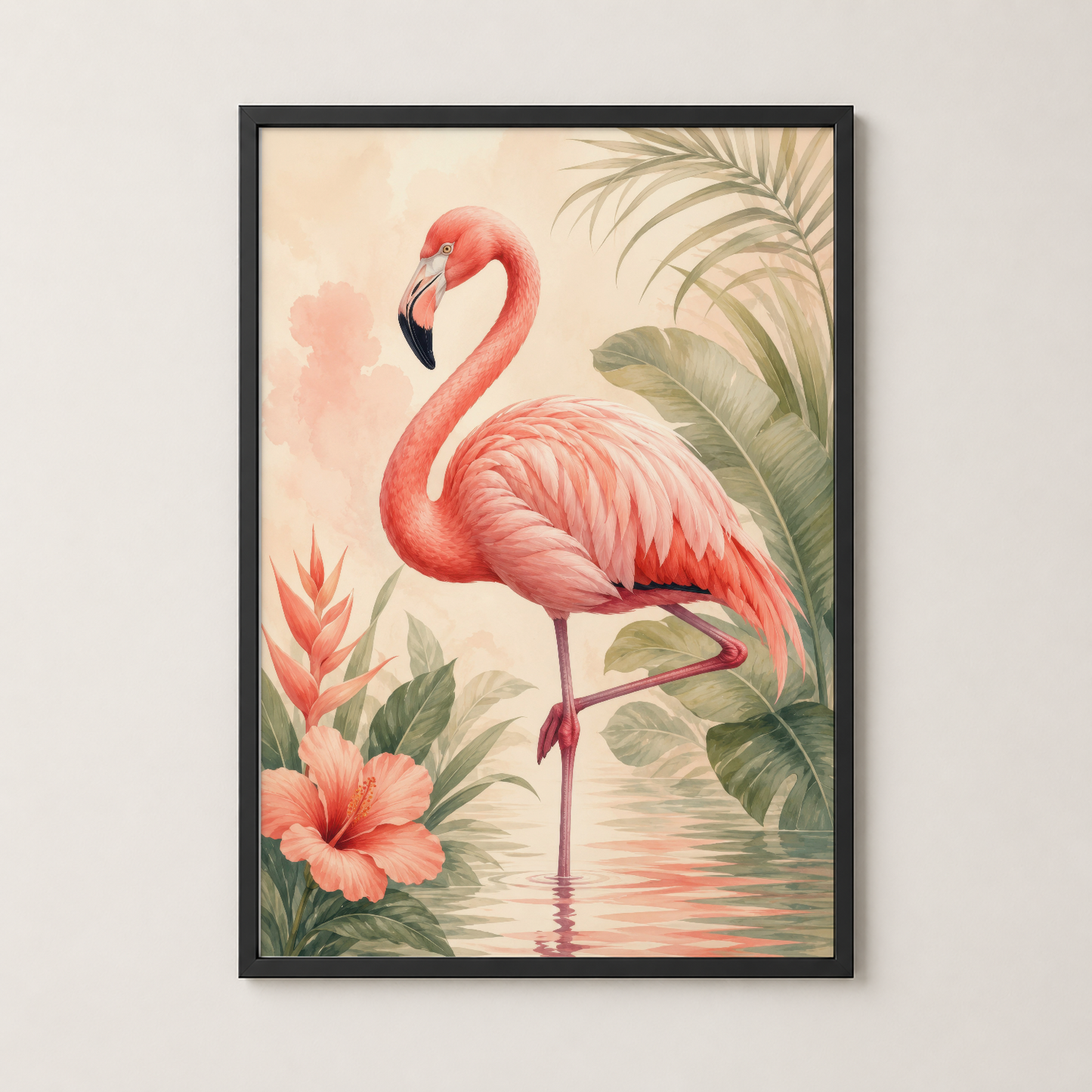 Siyah çerçeveli flamingo tablosu, tropikal botanik deseniyle modern ve şık iç mekan dekorasyonu.