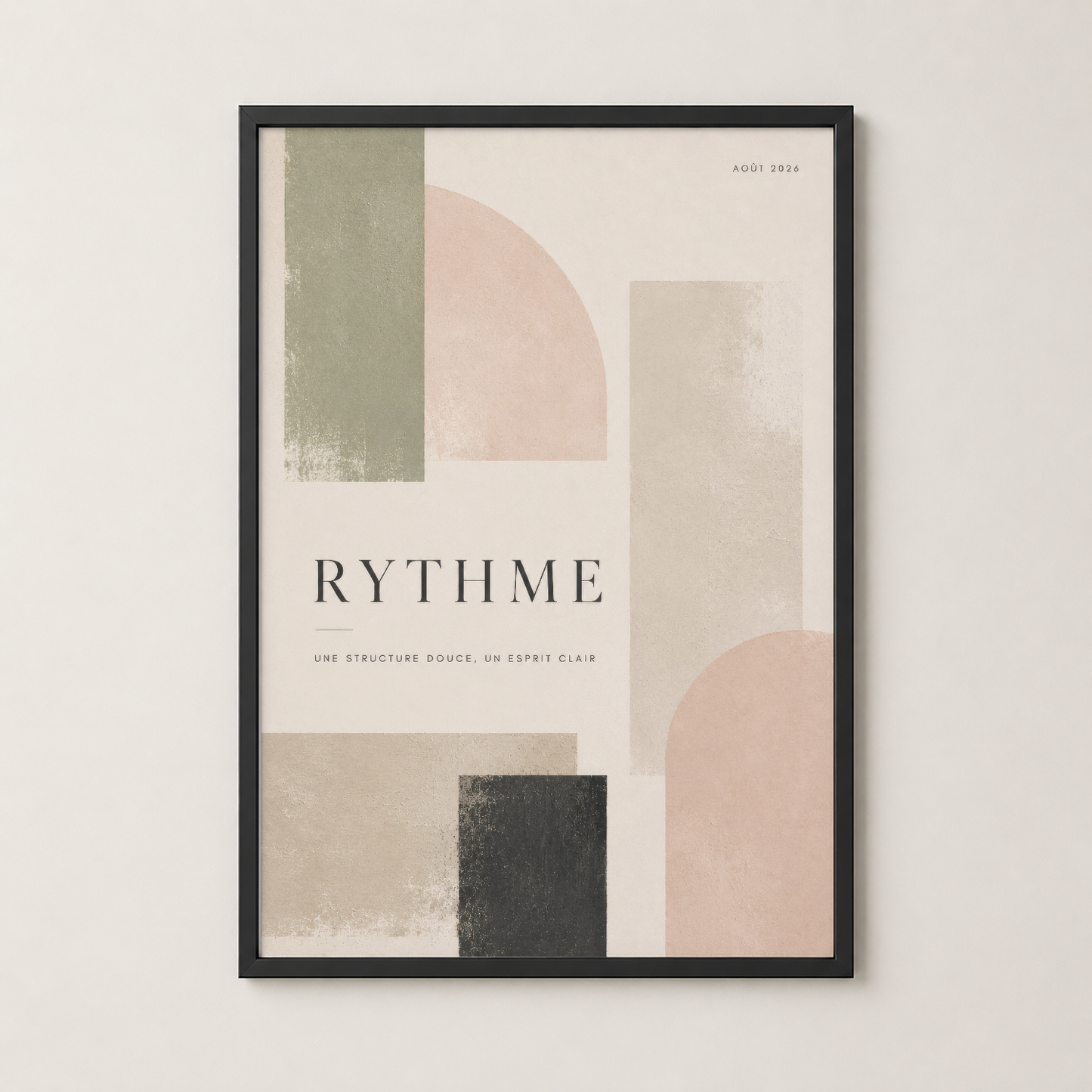 Siyah çerçeveli Rythme tablosu, krem zeminde geometrik şekiller ve pastel renklerle sakin, zarif bir atmosfer yaratır.