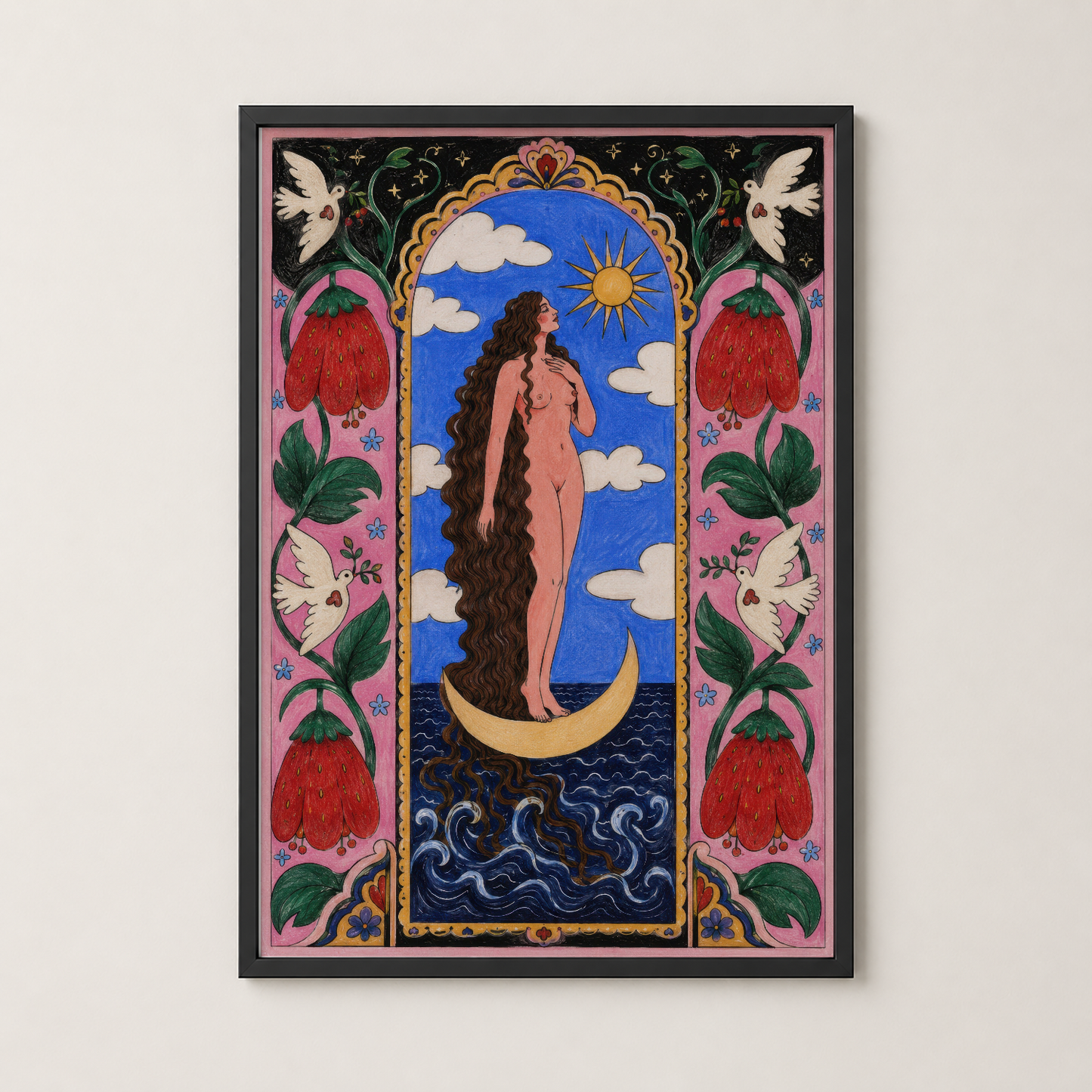 Çiçek motifli dekoratif çerçeveli, ay ve güneş temalı sanat tablosu siyah çerçevede.