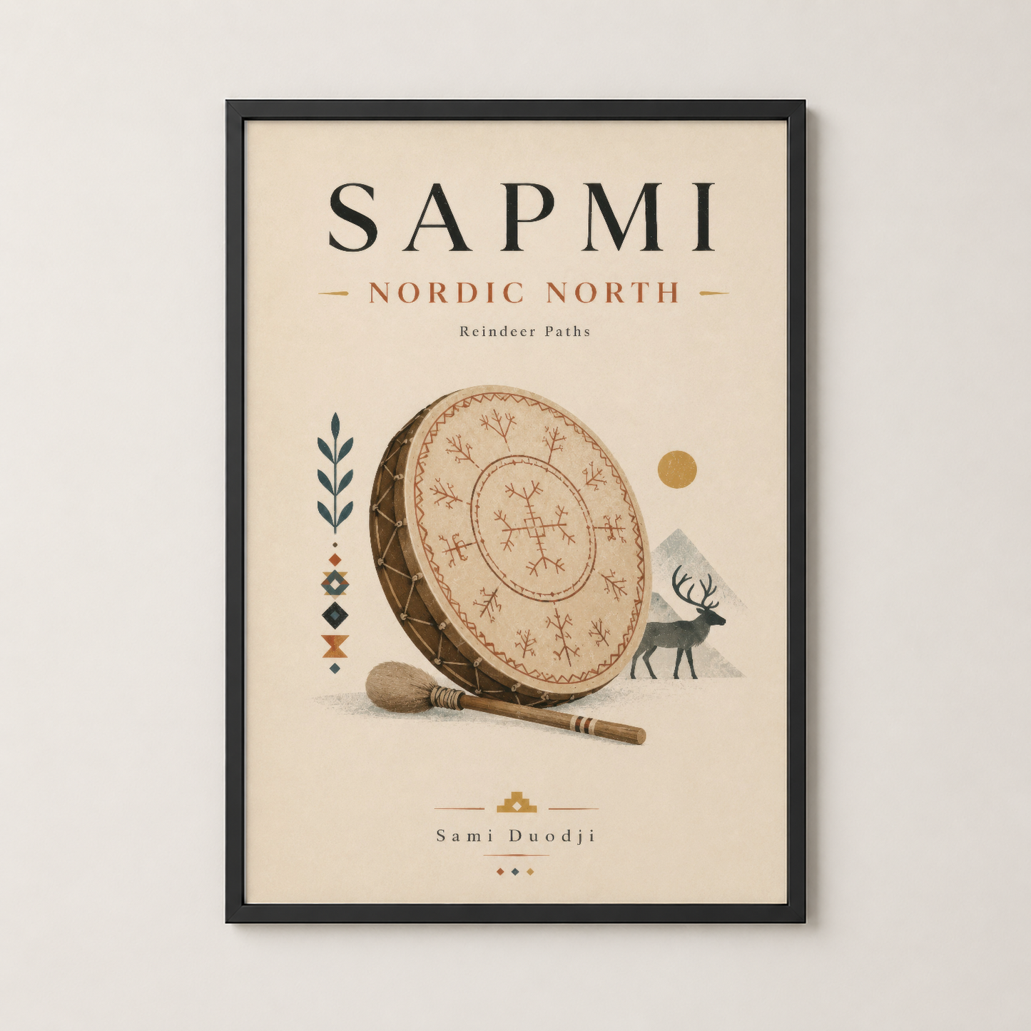 Sapmi Nordic North tablosu siyah çerçevede, minimalist boho dekorasyon için ideal