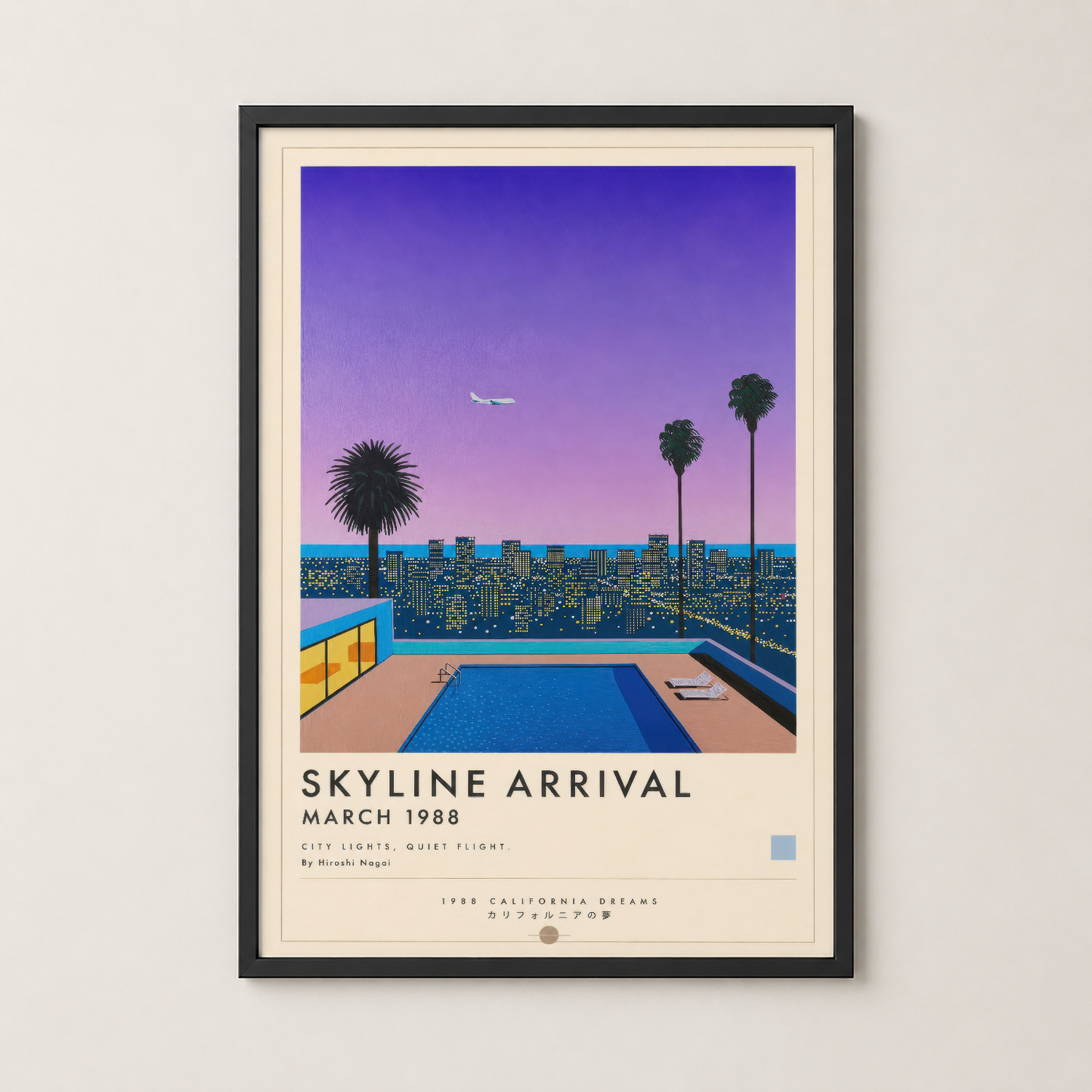Siyah çerçeveli, 1988 California Dreams temalı skyline tablosu, modern aydınlık iç mekan dekorasyonu.