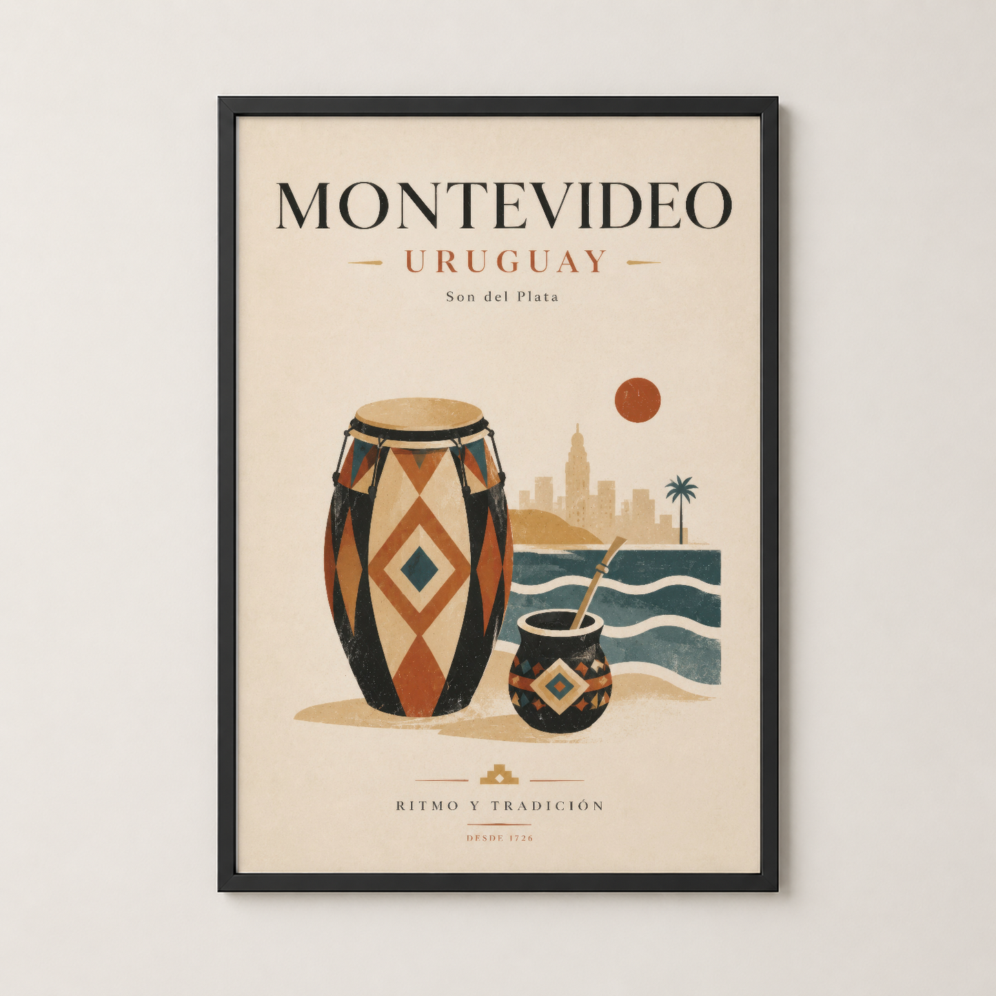Siyah çerçeveli Montevideo posteri, modern oturma alanında kültürel sanat eserinin şık sunumu.