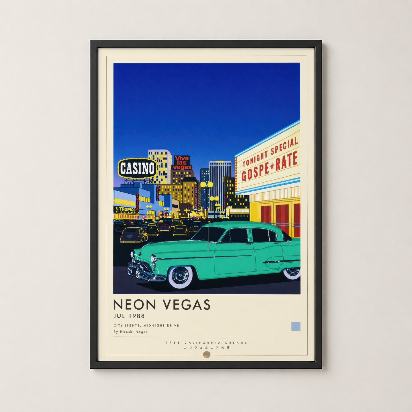 Siyah çerçeveli neon Vegas posteri, vintage sanat tarzında kasino ve otomobil tasvirli dekoratif tablo.