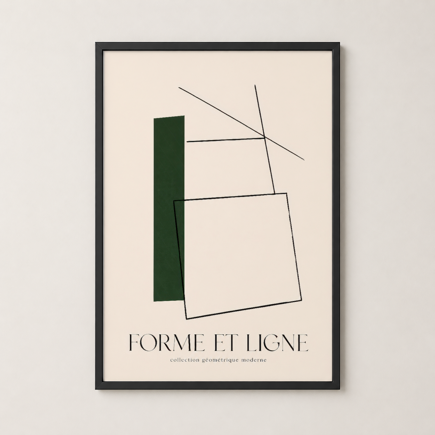 Siyah çerçeveli, yeşil dikdörtgen ve geometrik çizgilerle çağdaş sanat stilinde poster.