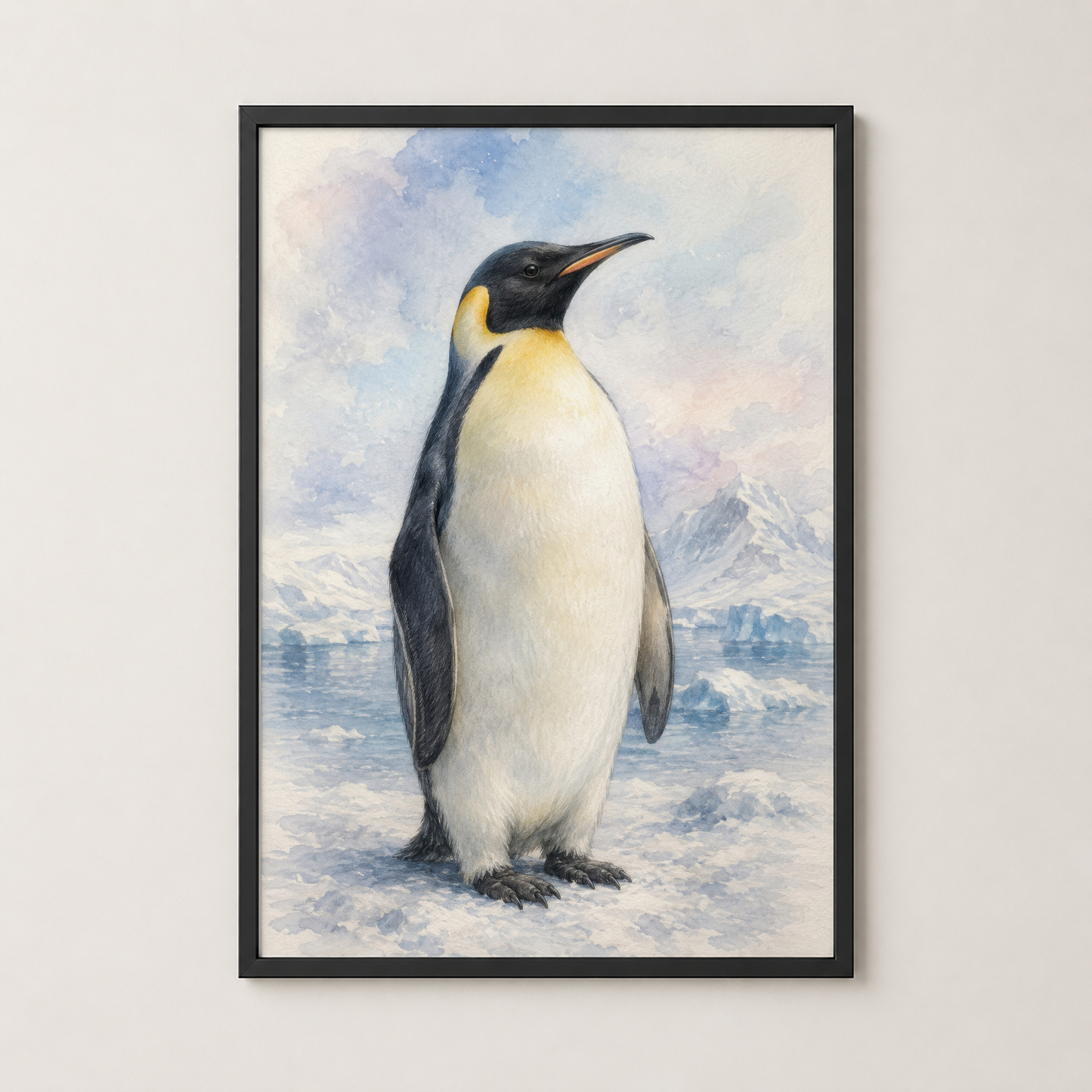 İmparator pengueni portresi siyah çerçevede, antartika buz sahnesi arka planında, detaylı suluboya tarzında.