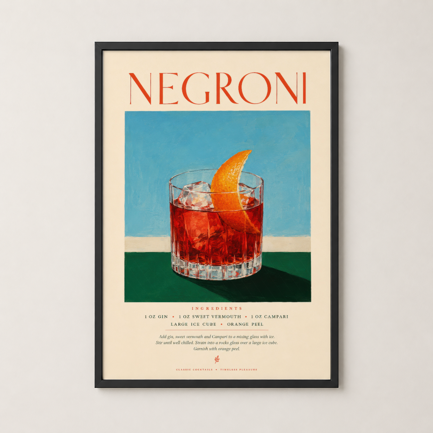 Negroni kokteyl tablosu siyah çerçevede, klasik içkiler sanat baskısı.