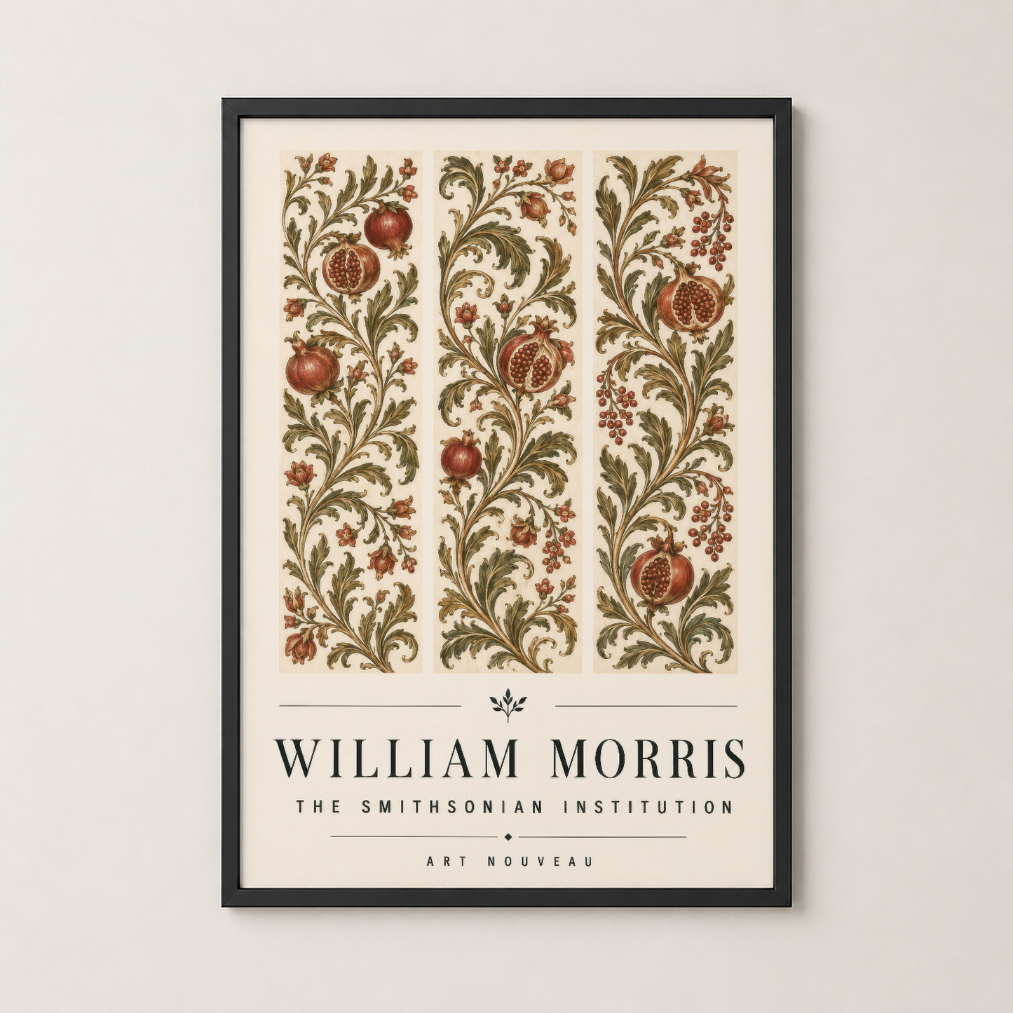 Siyah çerçevede, William Morris'in dekoratif nar desenli art nouveau poster baskısı.