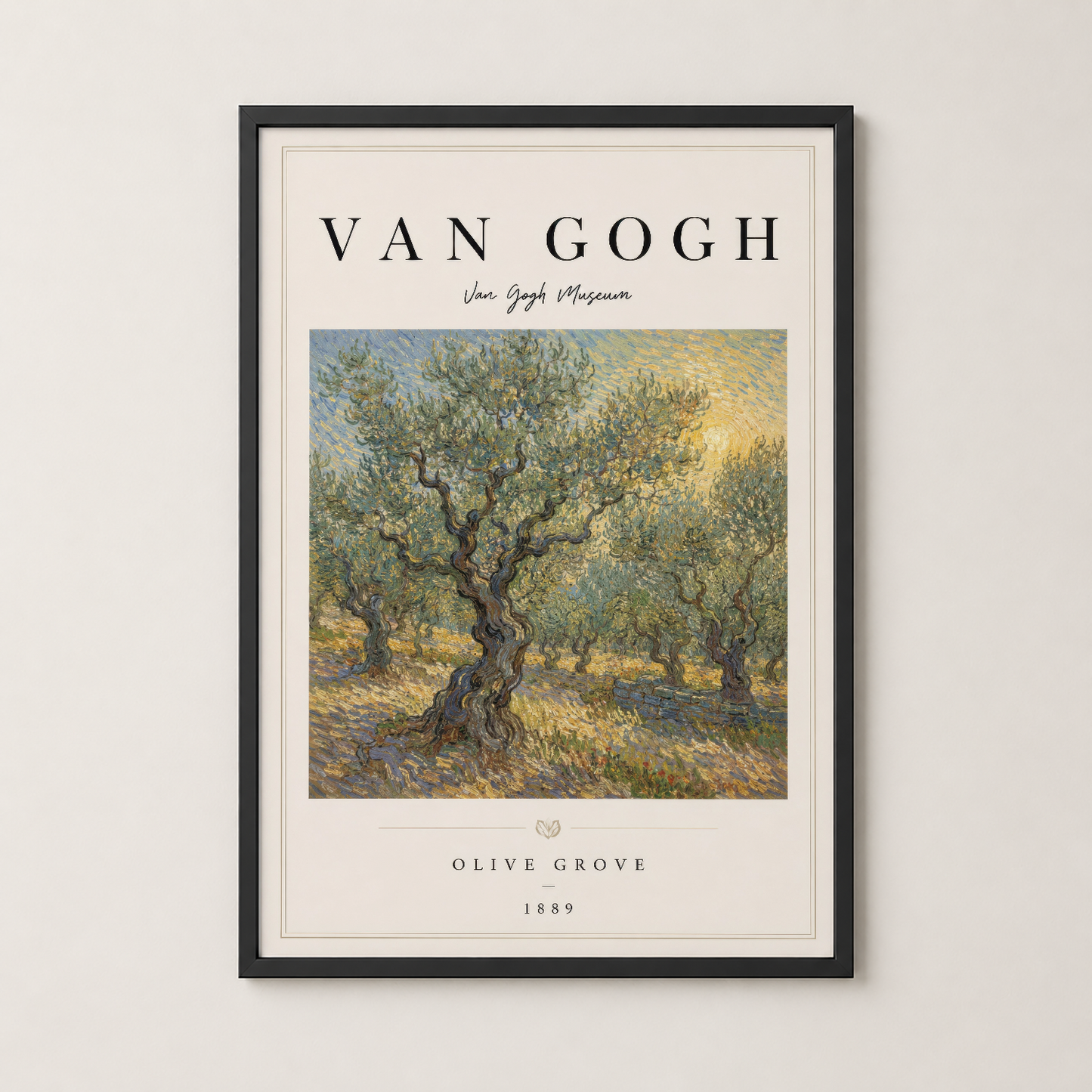 Zeytin Ağacı posteri, siyah çerçevede ve krem mat paspartu ile profesyonel galeri görünümü sunan modern duvar dekorasyonu.