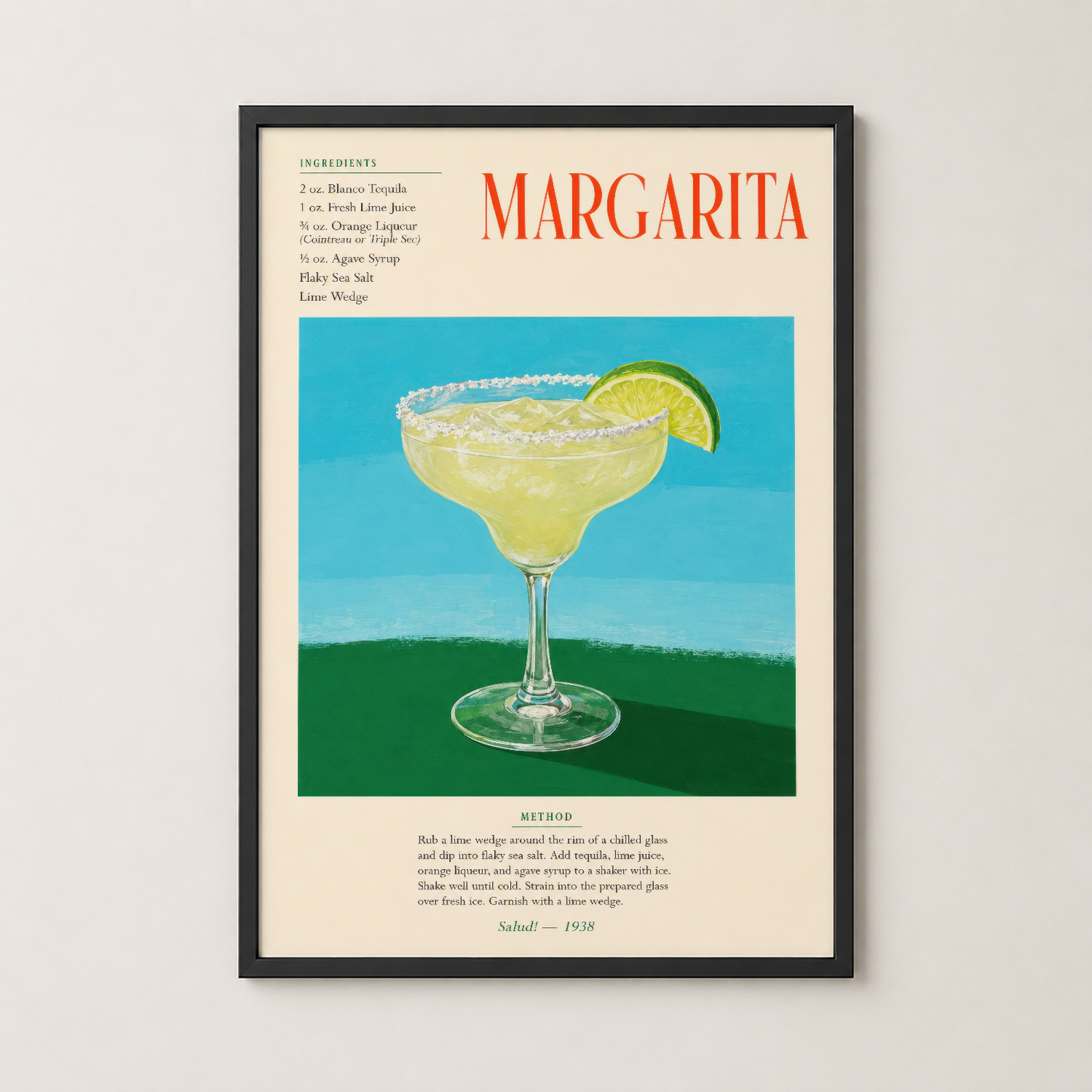 Siyah çerçeveli margarita posteri, taze limon dilimi ve tuzu ön planda gösteren vintage tasarım.