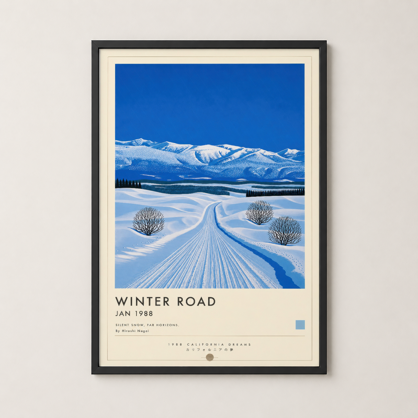 Winter Road tablosu siyah çerçevede, karla kaplı yolun ileriye doğru uzanan perspektifini gösteren etkileyici manzara