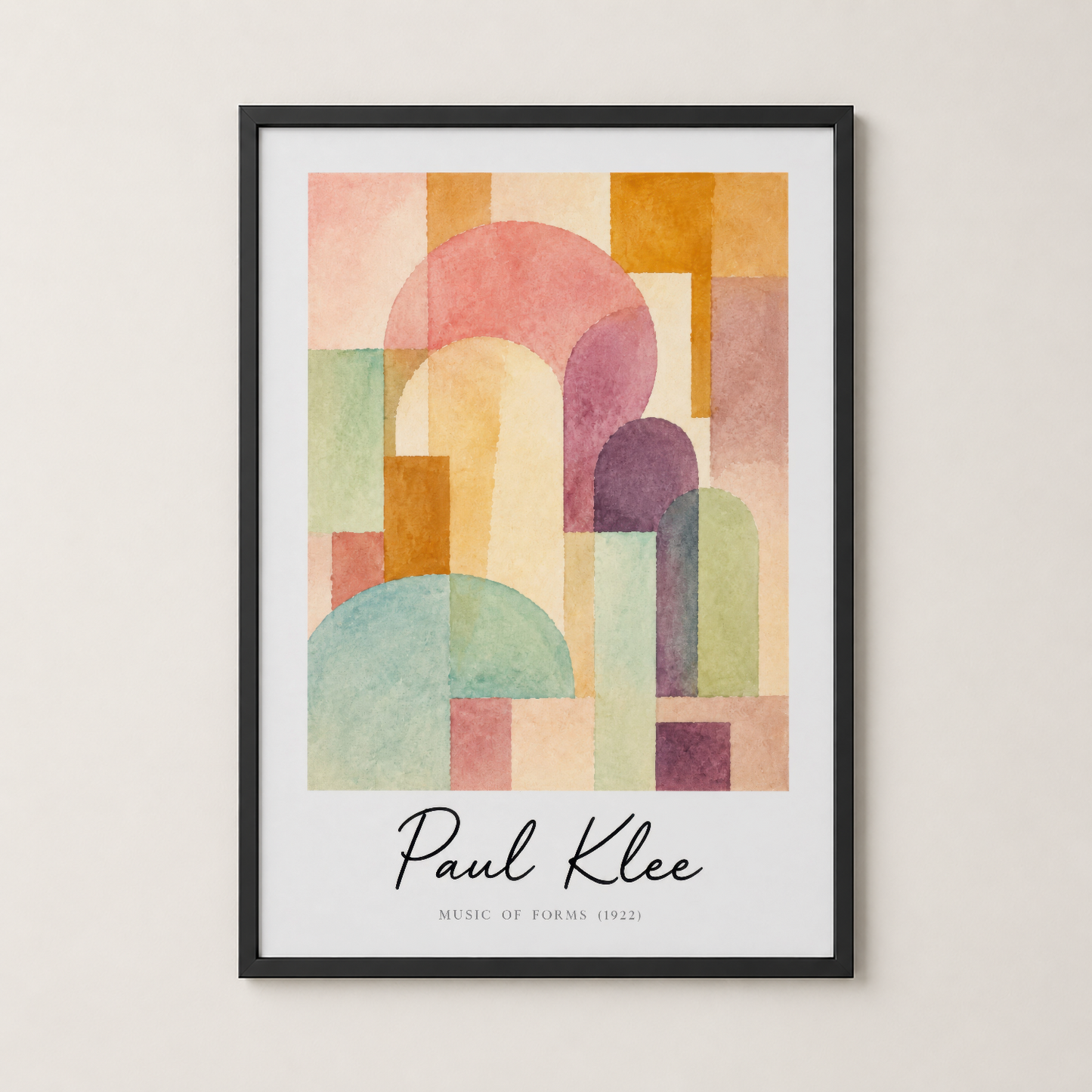 Siyah çerçeveli duvar tablosu, Paul Klee'nin renkli sanat stilini yansıtan geometrik tasarım ve yumuşak renk geçişleriyle