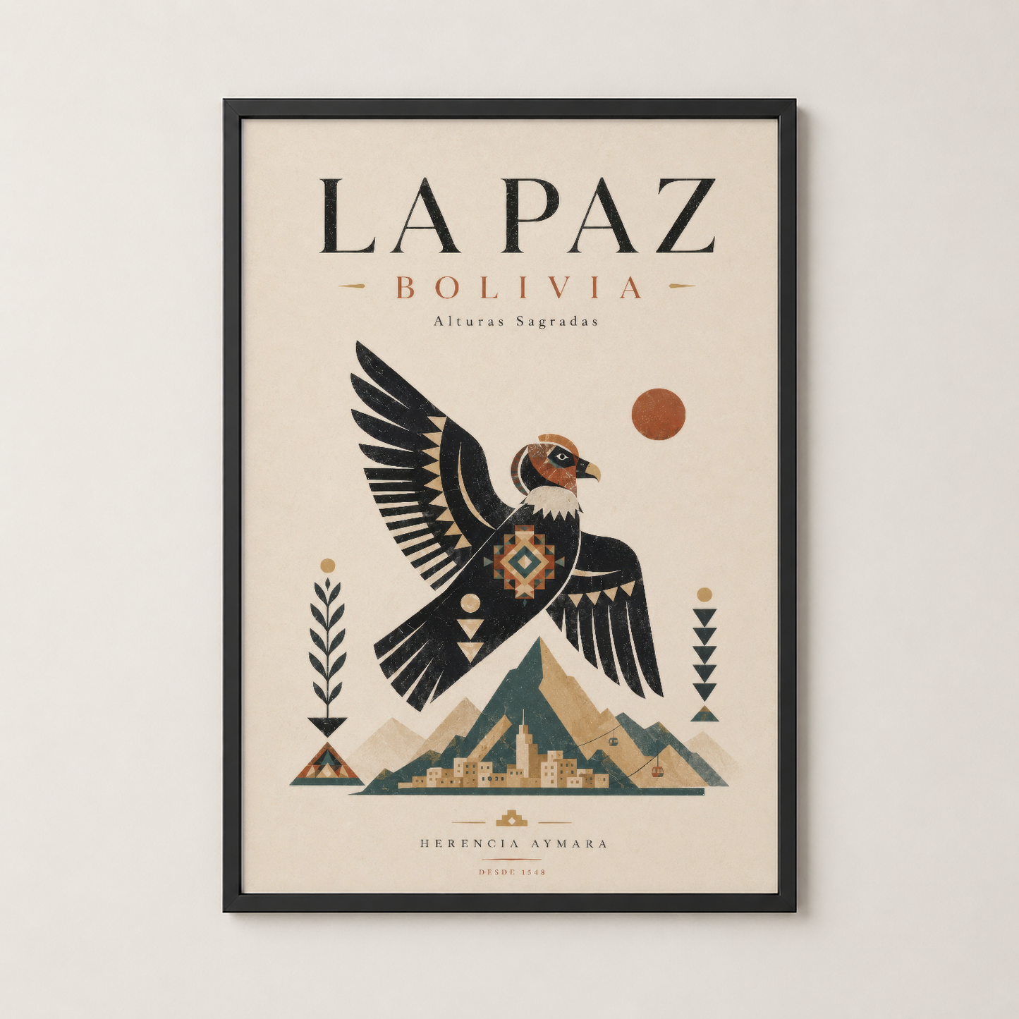 La Paz Bolivia posterinin siyah çerçeveli versiyonu, modern duvar dekorasyonu için hazır.