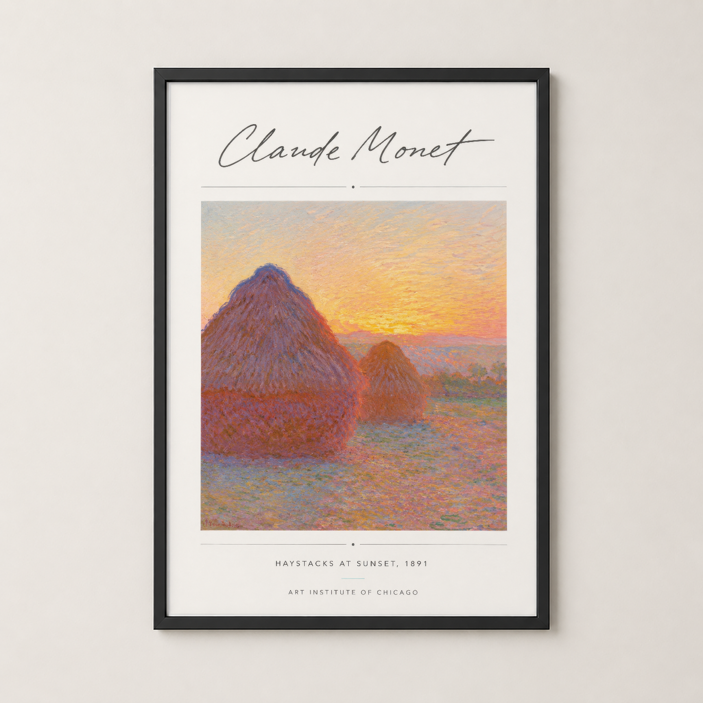 Monet'nin ünlü Samanlıklar eseri, şık siyah çerçeve içinde modern duvar dekorasyonu.