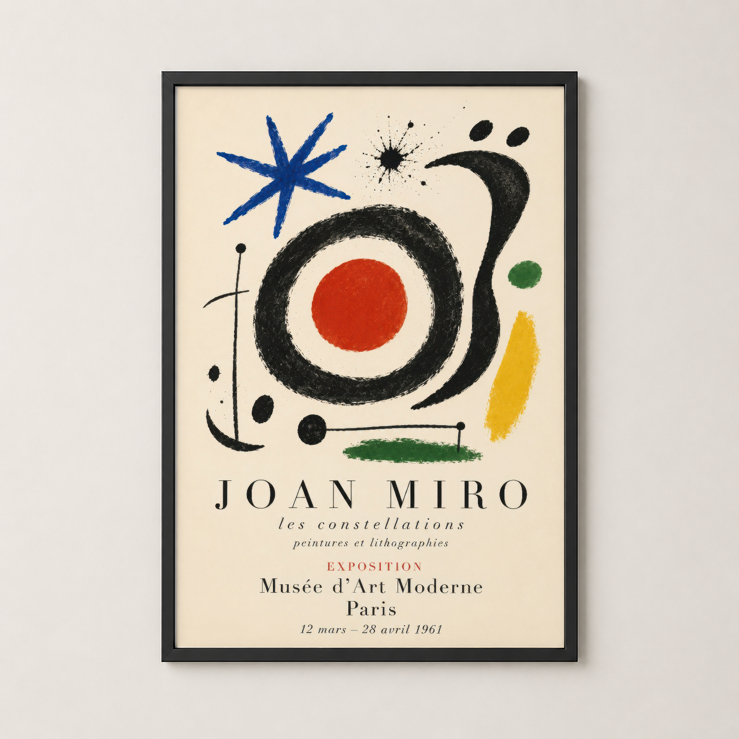 Miro konstellasyonları tablosu siyah çerçevede, sanat yemişleri ve renkli soyut formlarla.