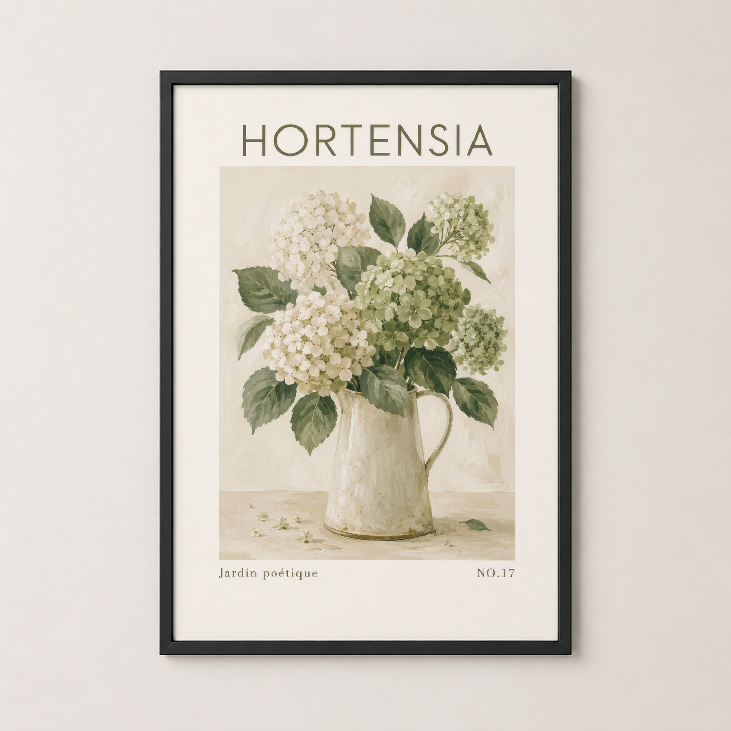 Hortensia posteri siyah çerçevede, vintage botanik tarzı duvar sanatı.