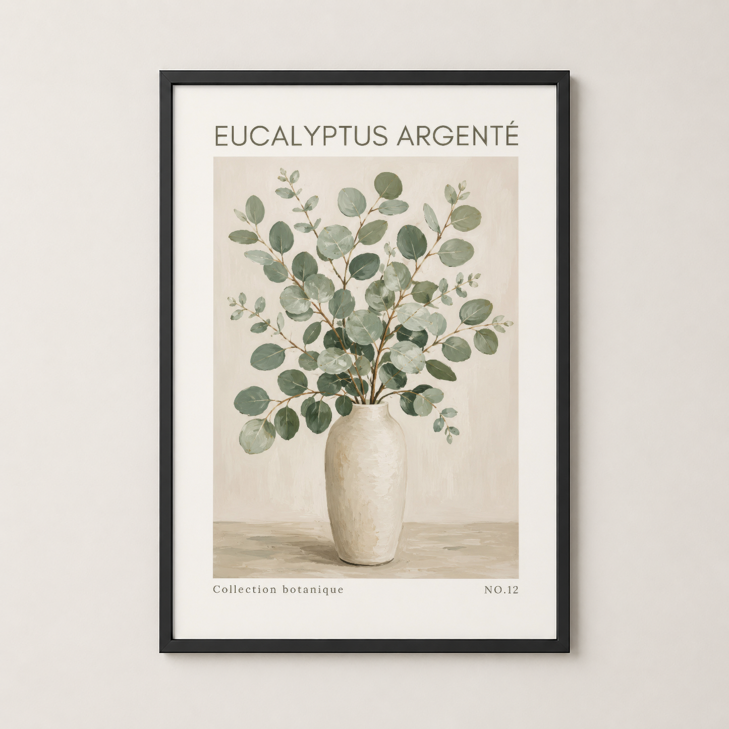 Siyah çerçeveli Eucalyptus Argenté tablosu, modern duvar dekorasyonu için zarif botanik sanat
