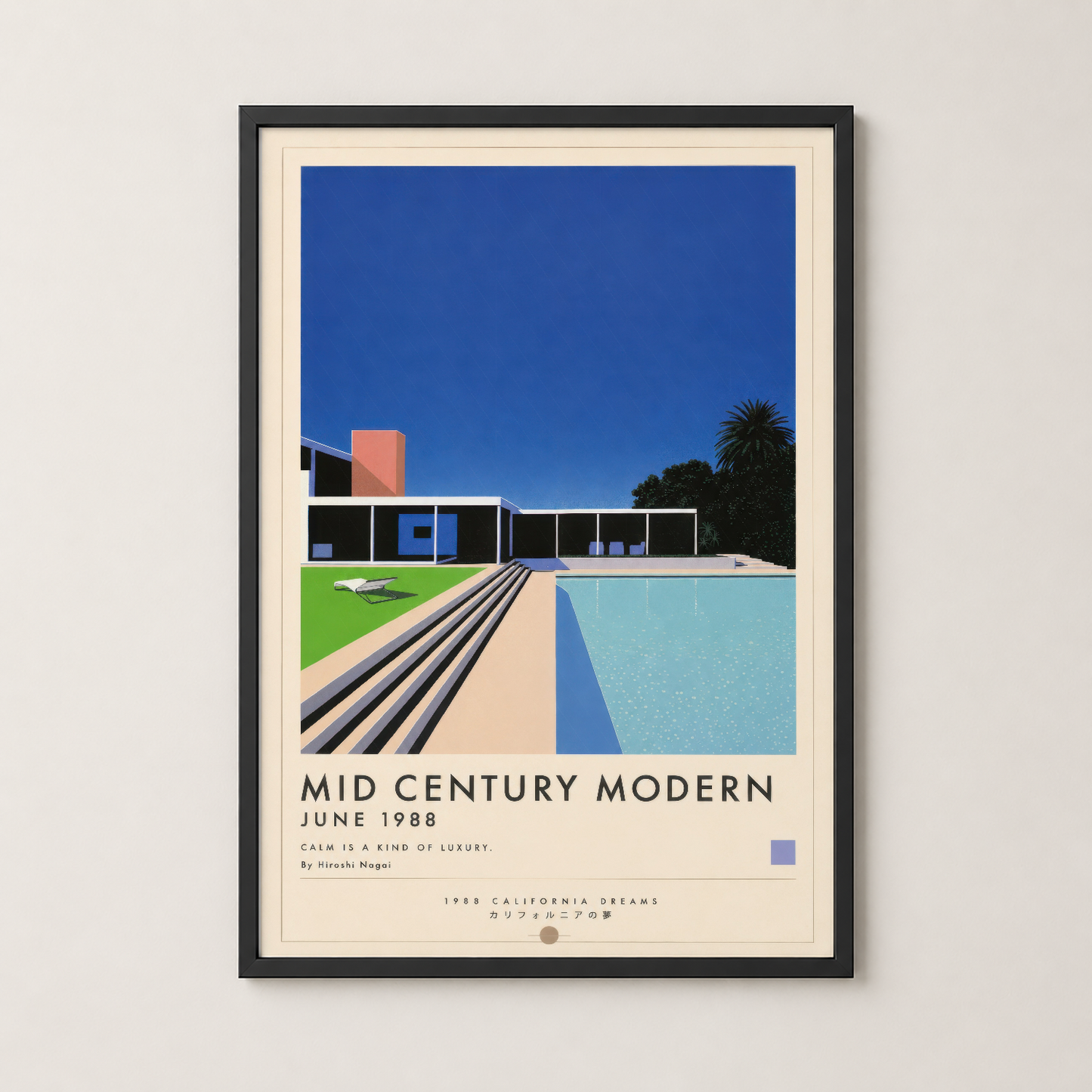 Siyah çerçeveli Mid Century Modern duvar tablosu, 1988 tarihli California Dreams koleksiyonundan minimalist havuzlu villa
