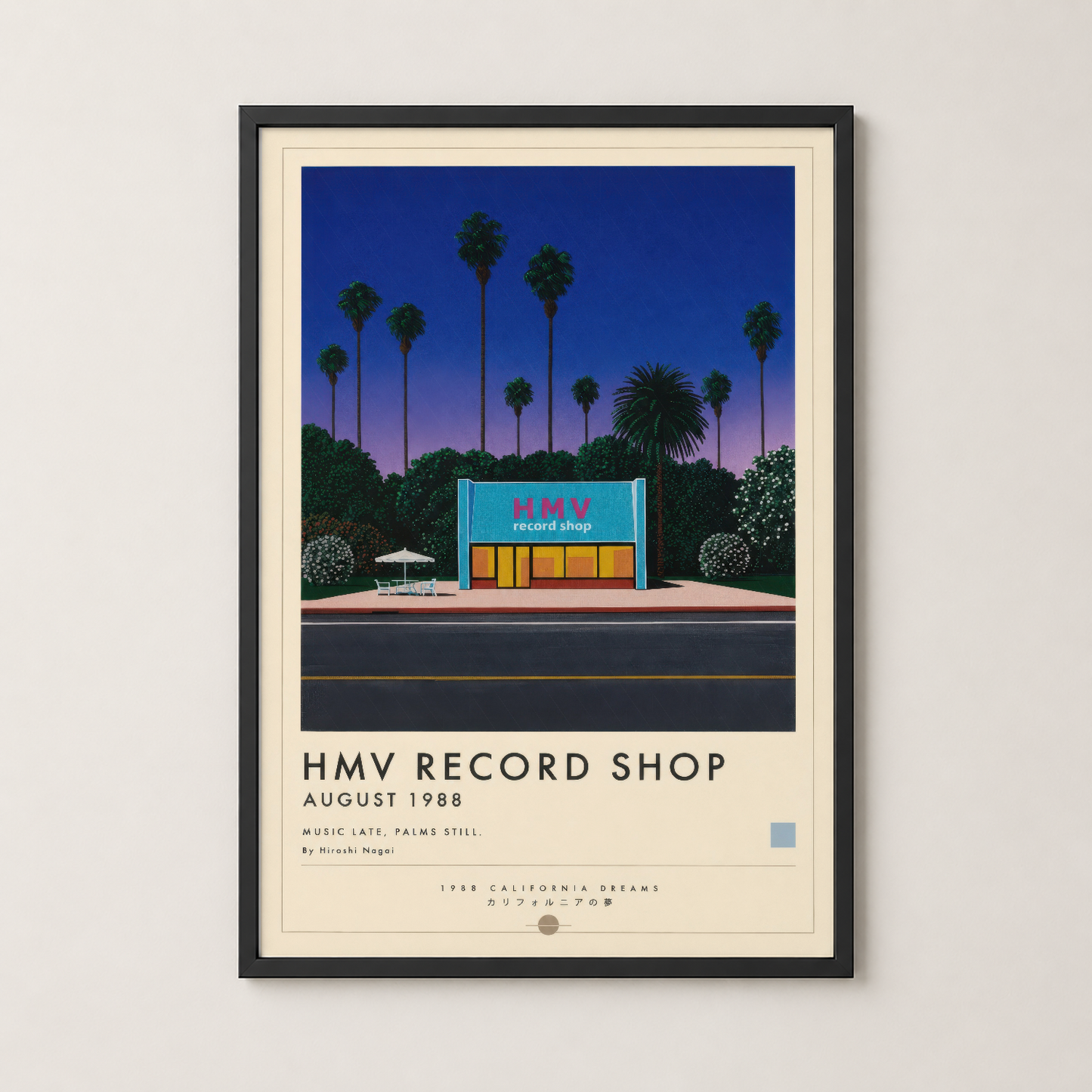 Siyah çerçeveli HMV Record Shop posteri, retro California tasarımı ve gece atmosferi ile duvar dekorasyonu.