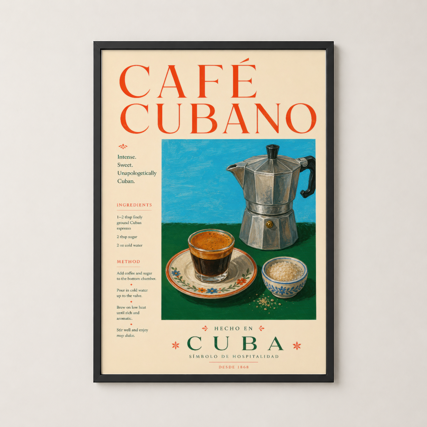 Café Cubano posteri siyah çerçevede, 1868'den beri Küba'nın sembolü olan kahve kültürünü kültürel bir tablo olarak sunan.