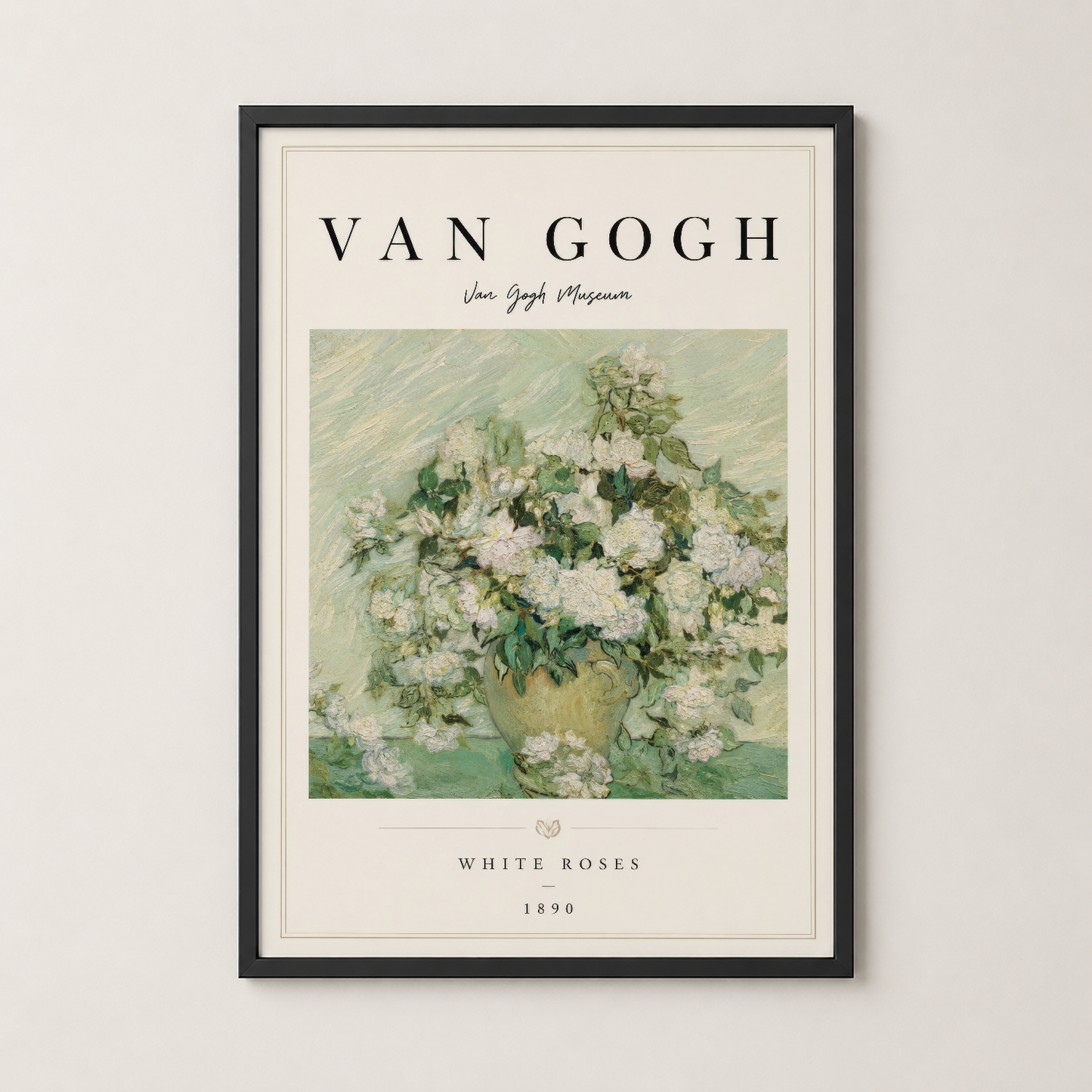 Van Gogh Beyaz Güller tablosu siyah çerçeveli, modern alanlar için zarafet ve sanat sunan duvar dekoru.