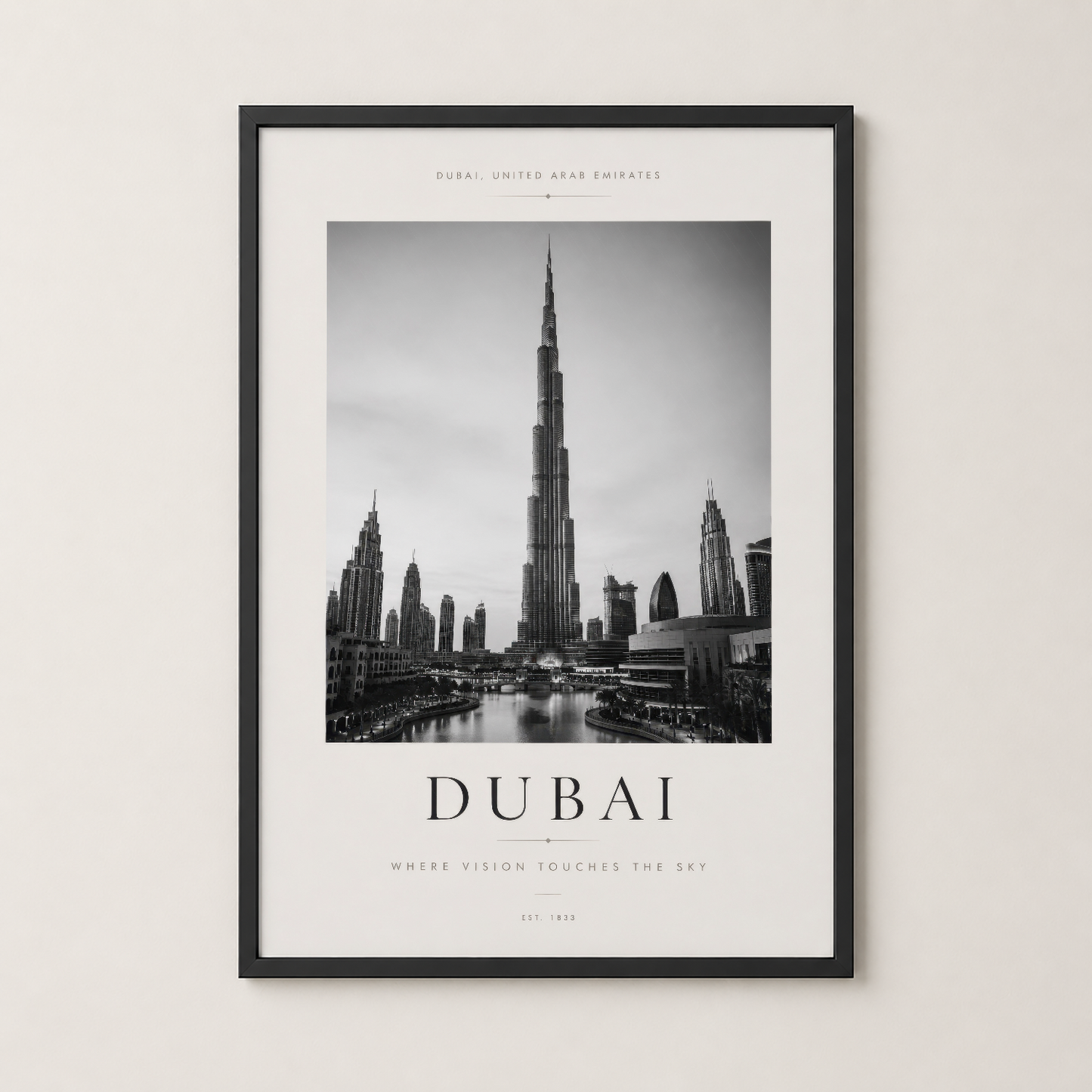 Burj Khalifa'nın görkemli siyah beyaz fotoğrafı siyah çerçevede duvar posteri.