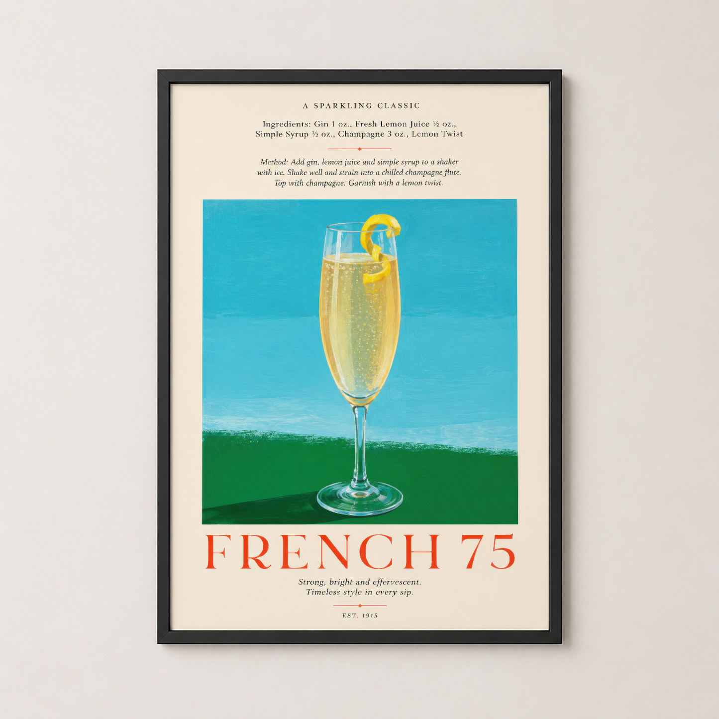 French 75 koktail baskısı siyah çerçevede, retro gastronomi posteri şampanya içeceği resepti ve tarifiyle.