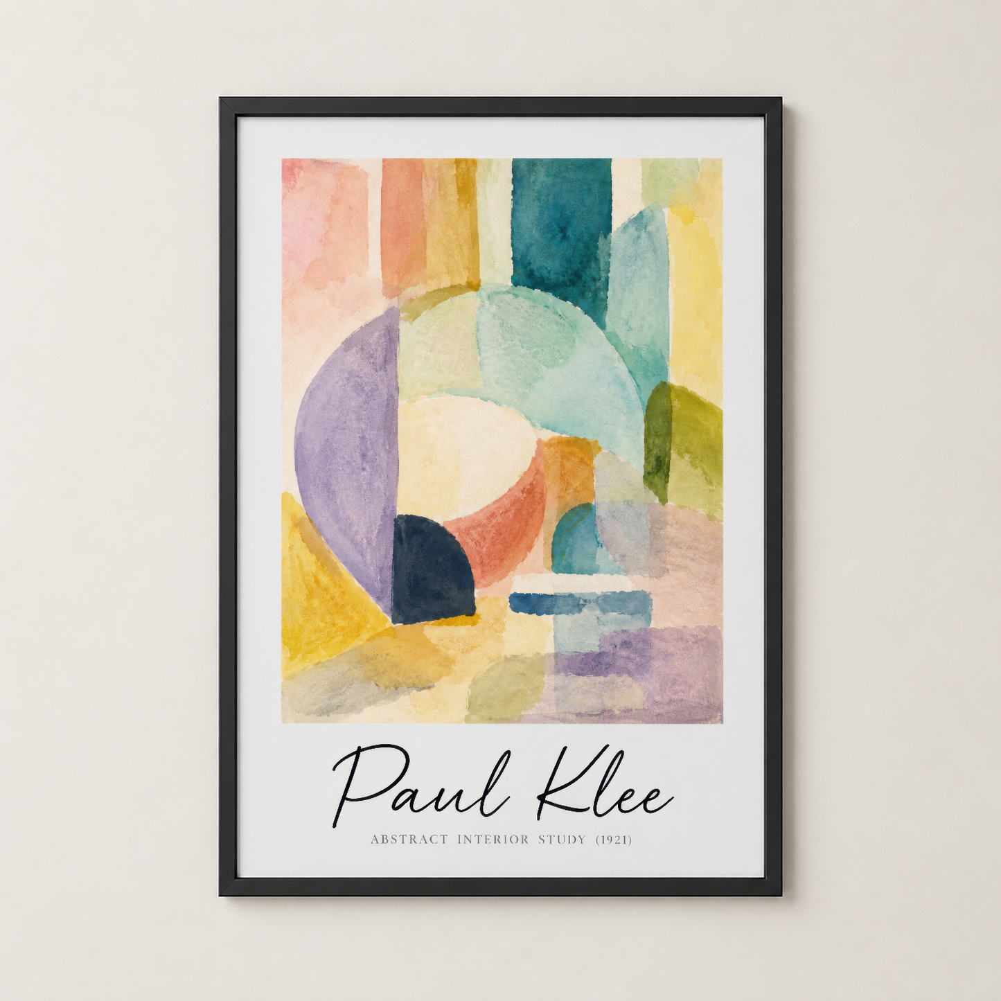 Pastel tonlar ve geometrik şekillerin uyumlu birleşimini gösteren Paul Klee posteri, şık siyah çerçevede.