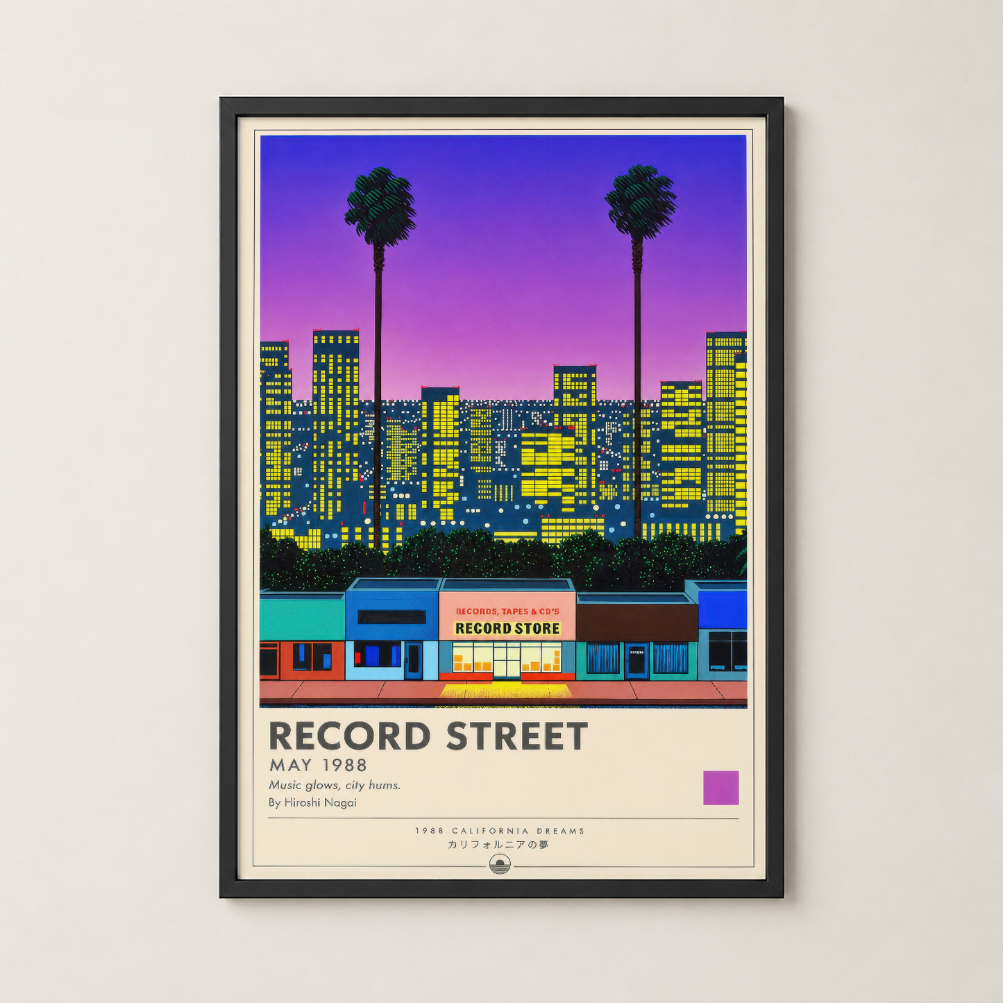 Siyah çerçeveli Record Street tablosu, neonsuz şehir silüetini ve retro Los Angeles atmosferini minimalist bir iç mekan