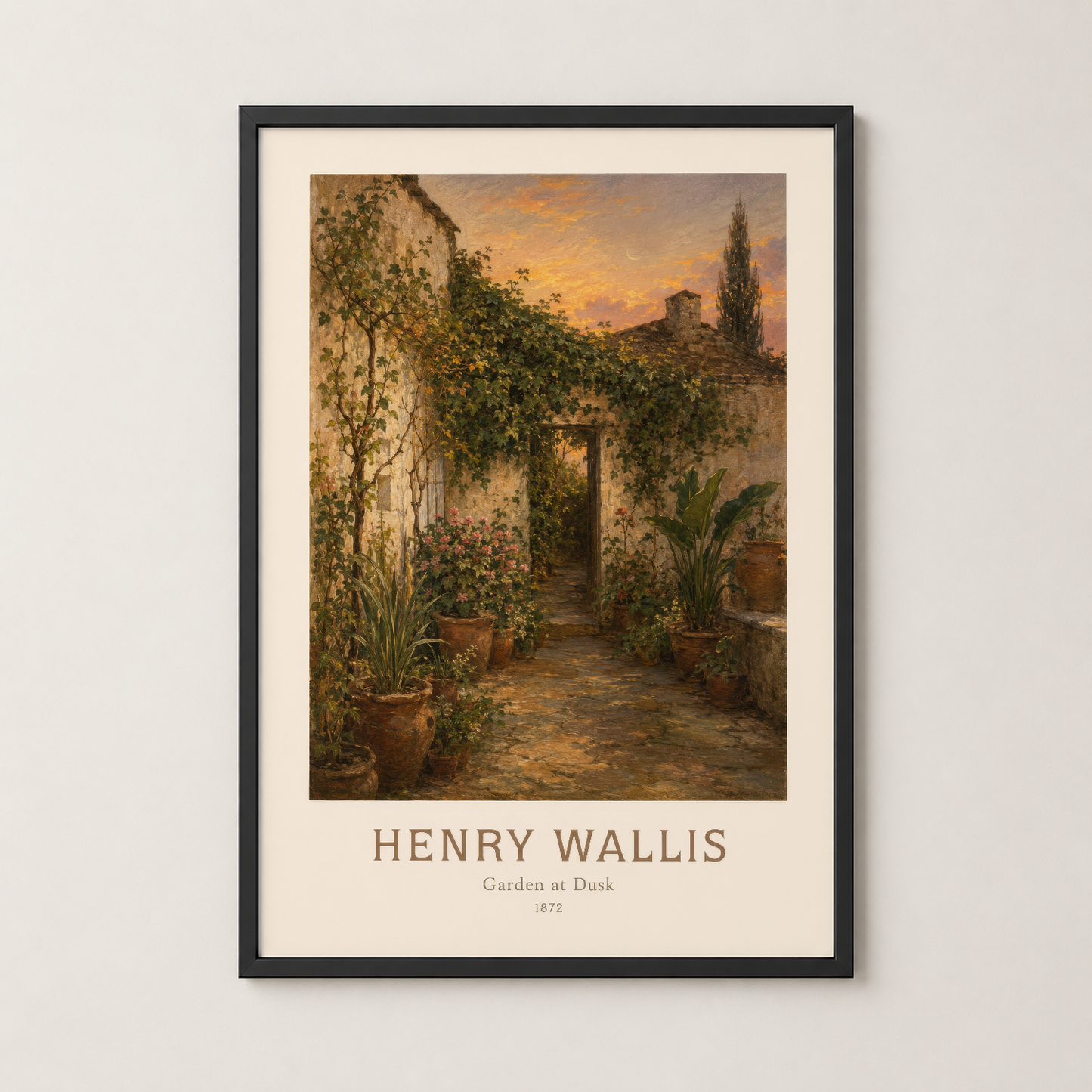 Siyah çerçeveli Henry Wallis poster, sarmaşık ve saksılarla süslü Akdeniz bahçesinin nostaljik görseli.