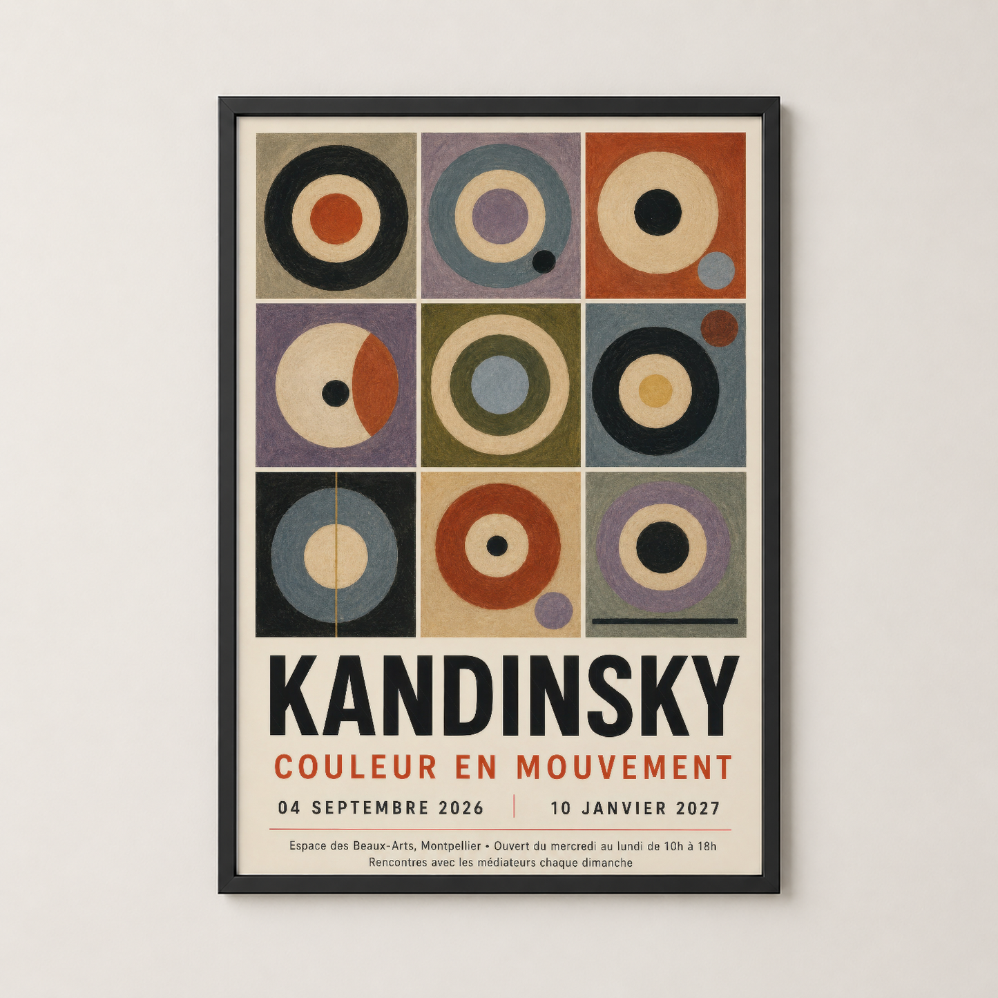 Siyah çerçeveli, Kandinsky'nin çok renkli daire motiflerinden oluşan modern sanat posteri.