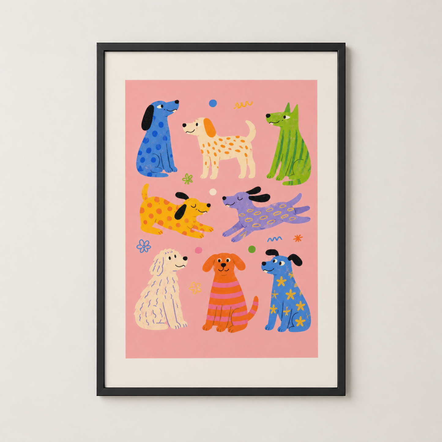 Pembe arkaplan üzerinde stilize hayvan figürleriyle dolu modern poster, siyah çerçevede.