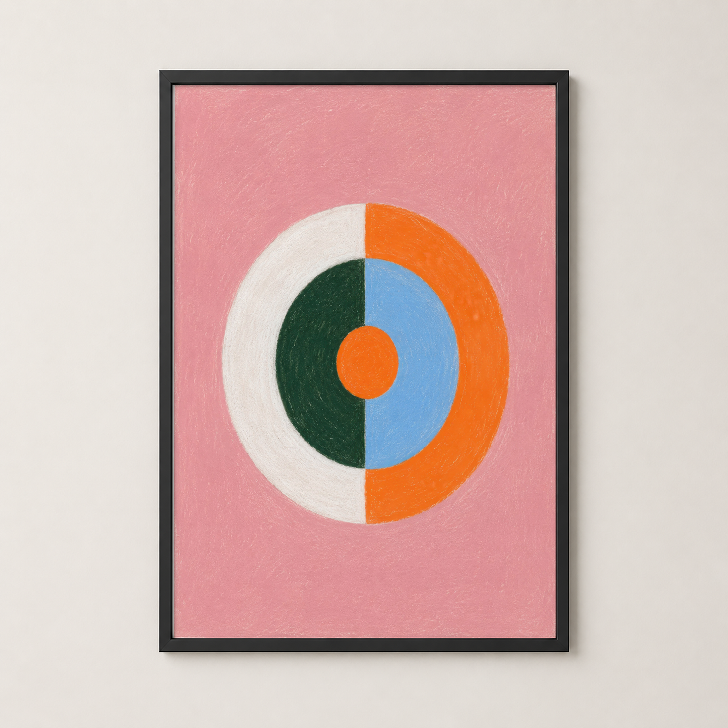 Siyah çerçeveli duvar tablosu, pembe fonda çok renkli geometrik daire deseni ile minimalist dekorasyon