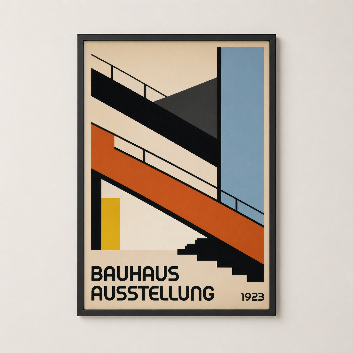 Siyah çerçeveli Bauhaus Ausstellung tablosu, canlı renkli geometrik tasarım ve klasik tipografi detayları ile.