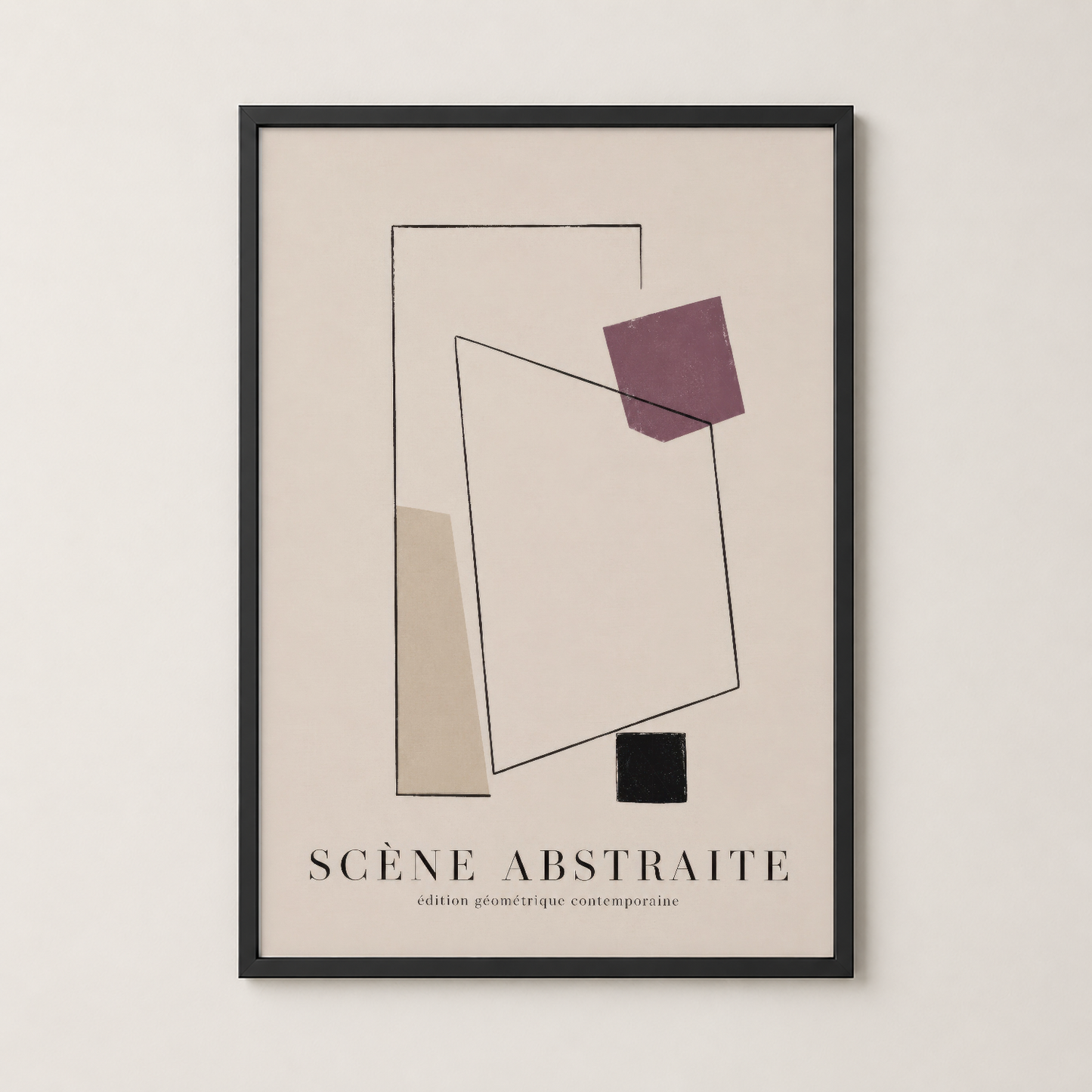 Siyah çerçeveli duvar tablosu, soyut geometrik desenli kontemporary poster.