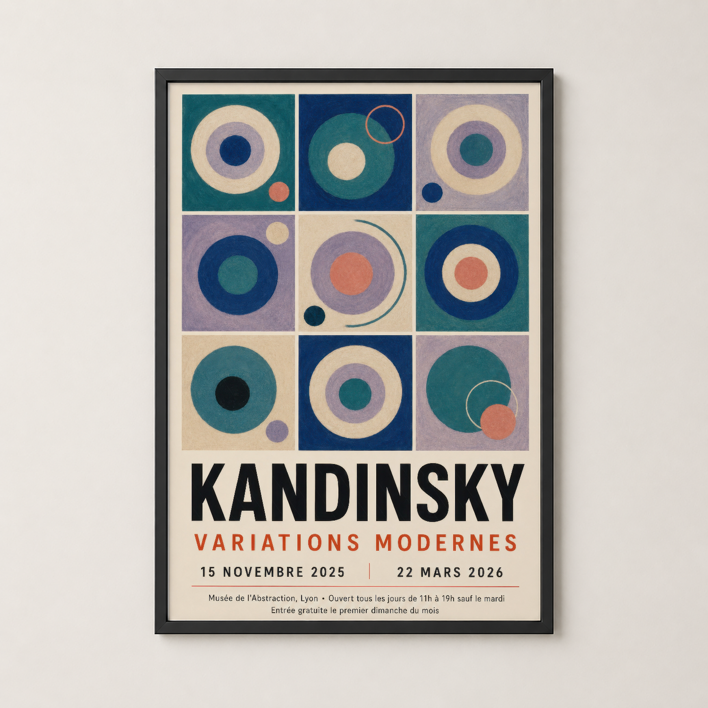 Siyah çerçeveli Kandinsky Variations Modernes tablosu, dokuz karenin içindeki konsantrik daireleriyle zarif bir duvar