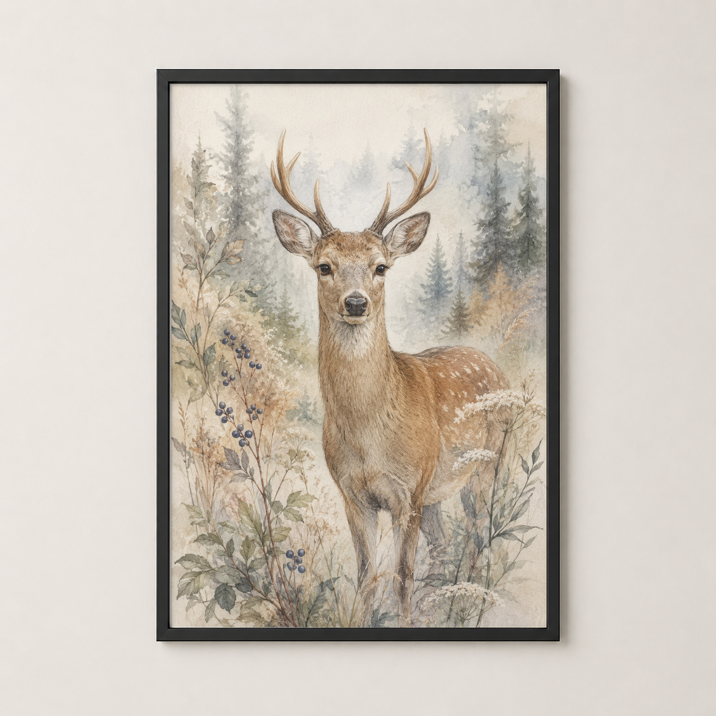 Siyah çerçeveli geyik sanat tablosu, modern iç mekanında duvar dekorasyonu olarak sergilenen orman temalı poster.