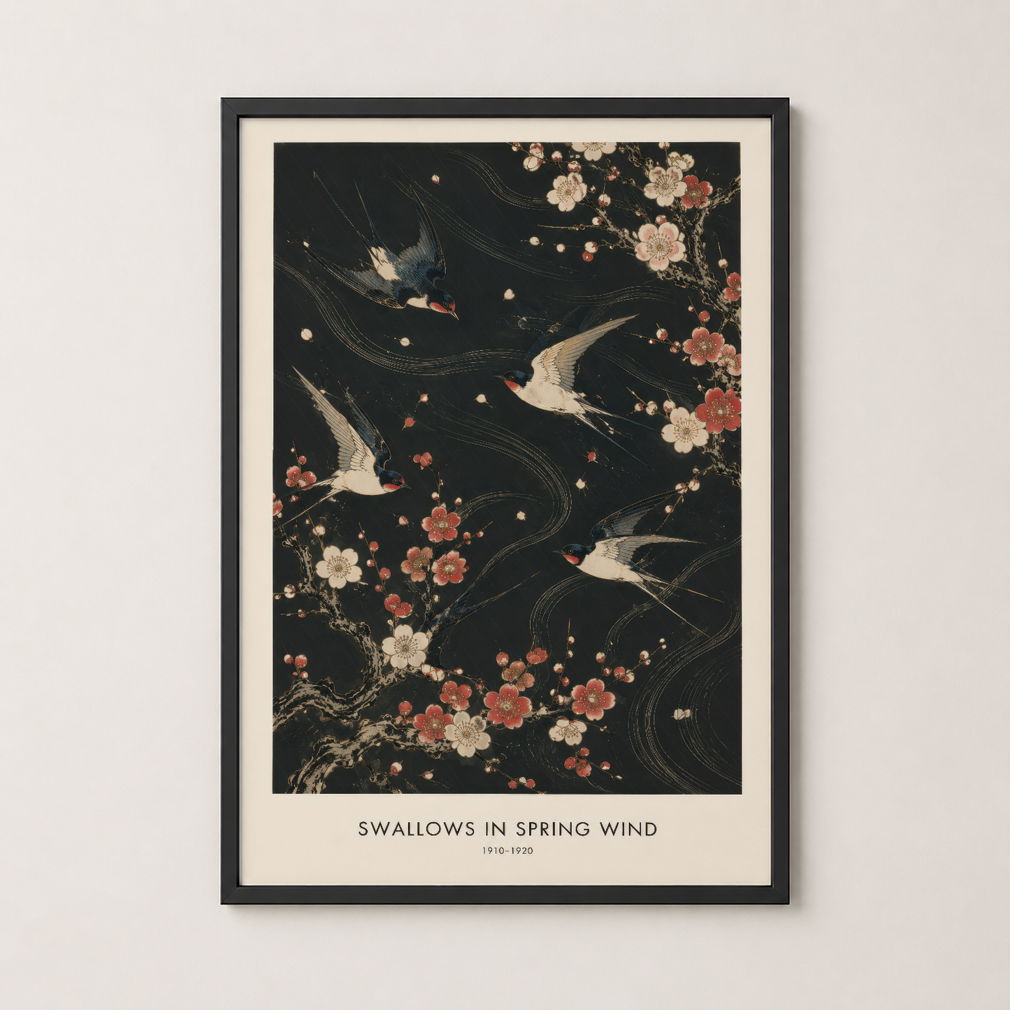 Siyah çerçeveli, kırlangıçlar ve bahar çiçekleriyle dekoratif bir poster, modern iç mekanda görkemli görünüm sağlar.