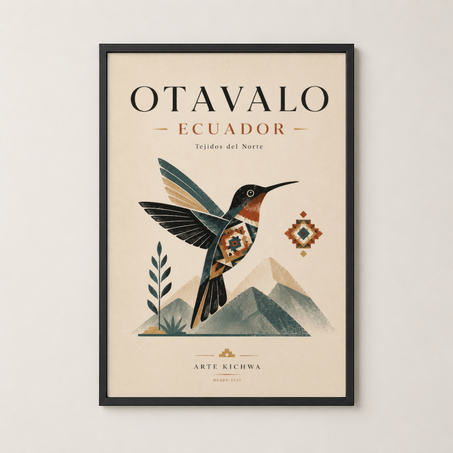Siyah çerçeveli Otavalo Ecuador posteri, stilize sinek kuşu ve kültürel motiflerle duvar dekoru.