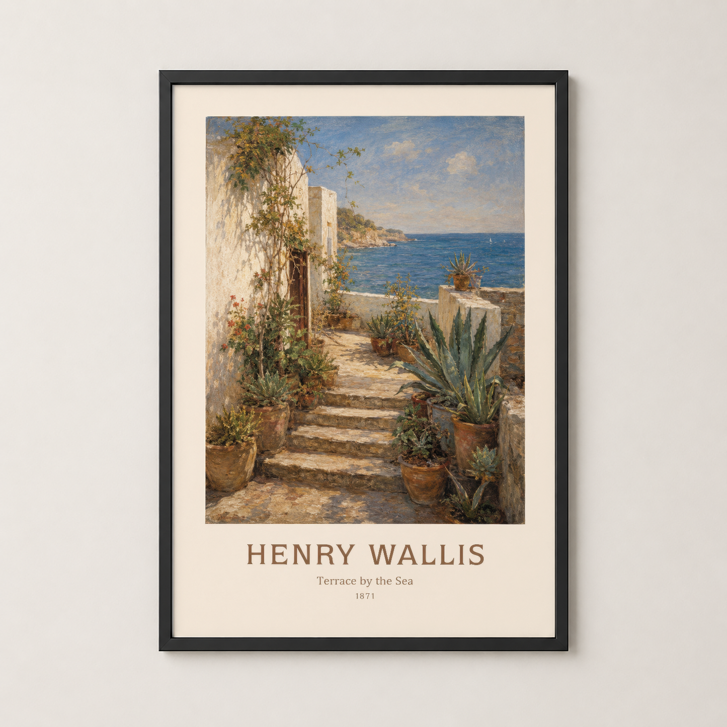 Siyah çerçeveli Henry Wallis Deniz Kenarındaki Teras tablosu, klasik sanat posterinin modern ve şık sunumu.