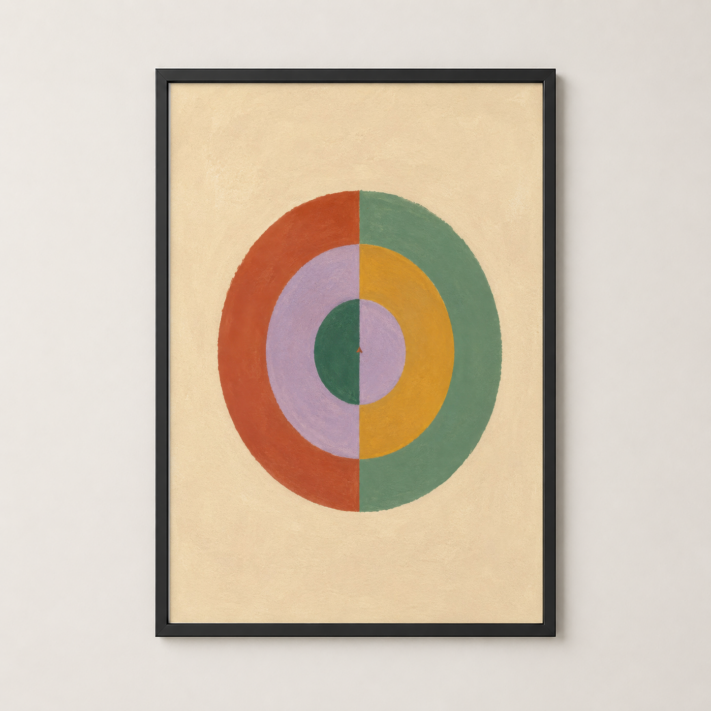 Renkli geometrik daireler deseni siyah çerçeveli poster, minimalist modern iç mekanlar için sanat eseri.