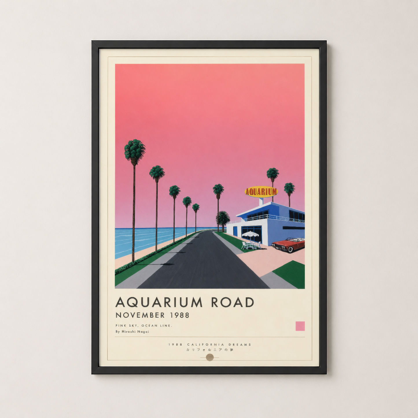 Siyah çerçeveli Aquarium Road tablosu, 1988 California Dreams temasıyla retro stil duvar dekorasyonu.