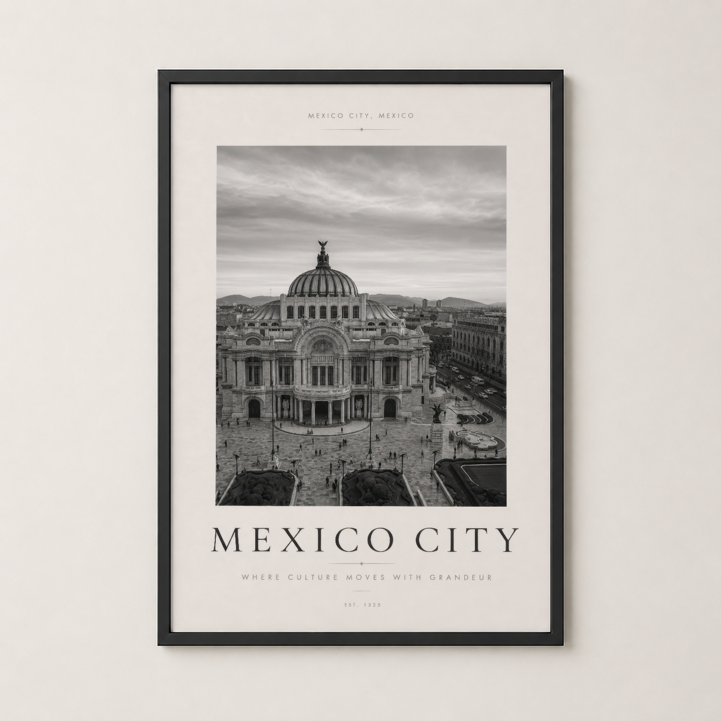 Şık siyah çerçeveli Mexico City posteri, kubbeli binayı zarif şekilde sergileyerek duvar dekoru.