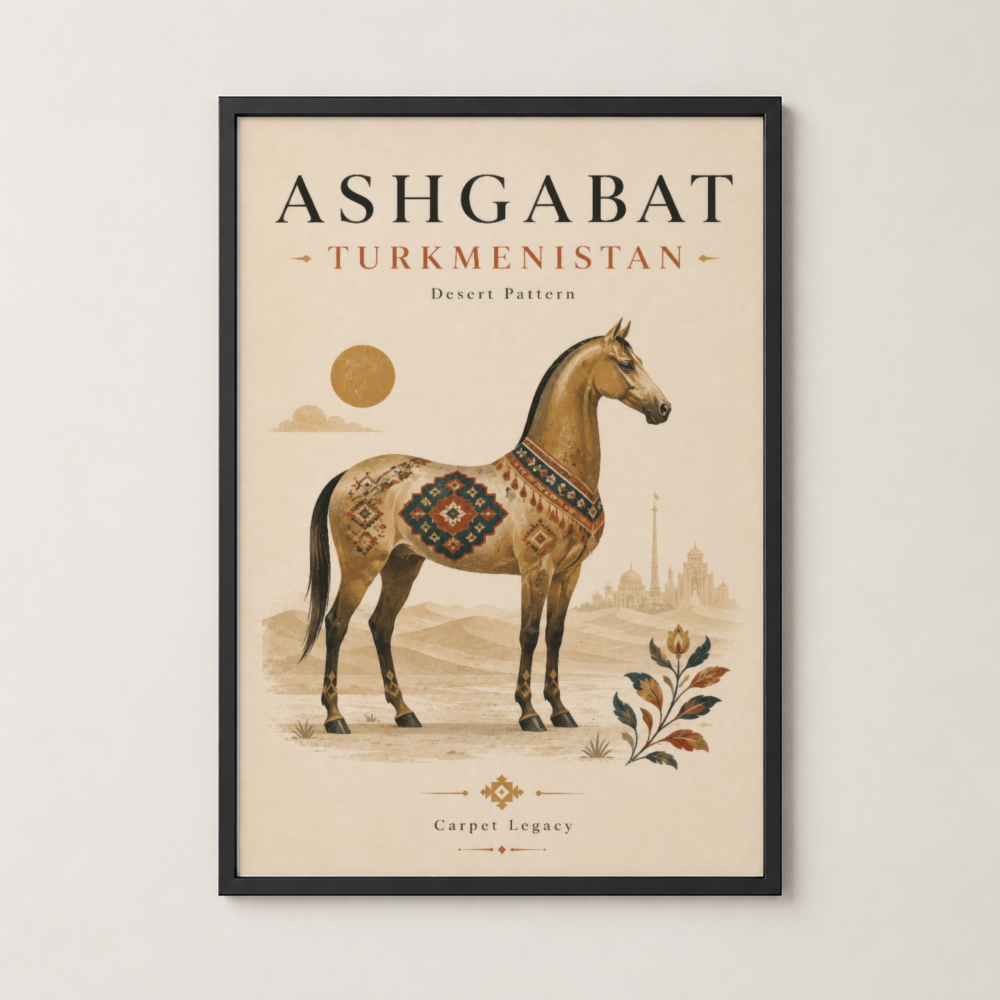 Ashgabat Türkmenistan temalı at tablosu, siyah çerçeveli duvar dekorasyonu, etnografik sanat stili.