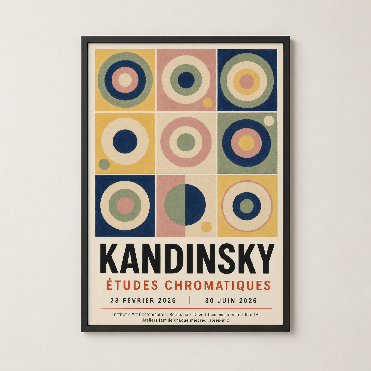 Siyah çerçeveli Kandinsky posteri, samimi oturma alanına sanat katacak retro modern tasarım.